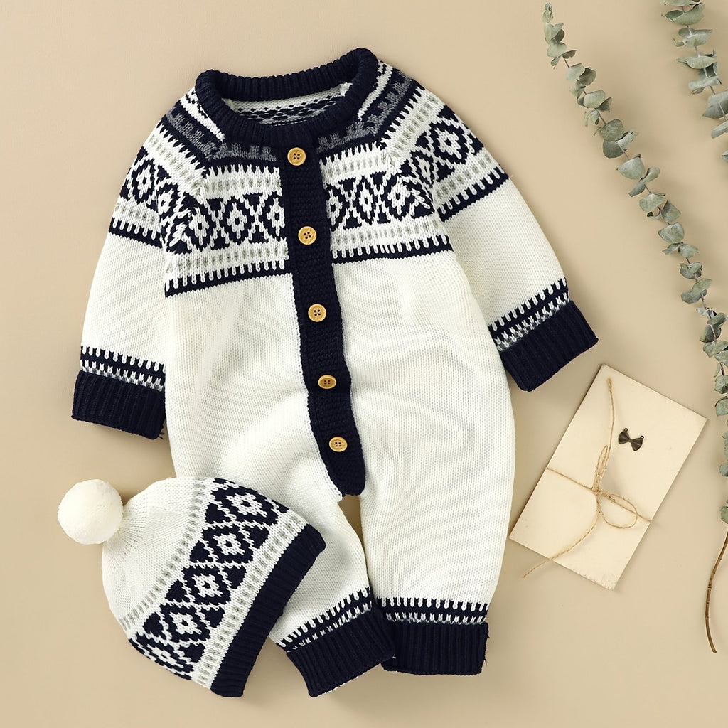 Newborn Infant Geometric Pattern Sweater Romper Long Sleeve Button Jumpsuit & Hat For Toddler Baby Boys And Girls, Suitable For Indoor And Outdoor Wear