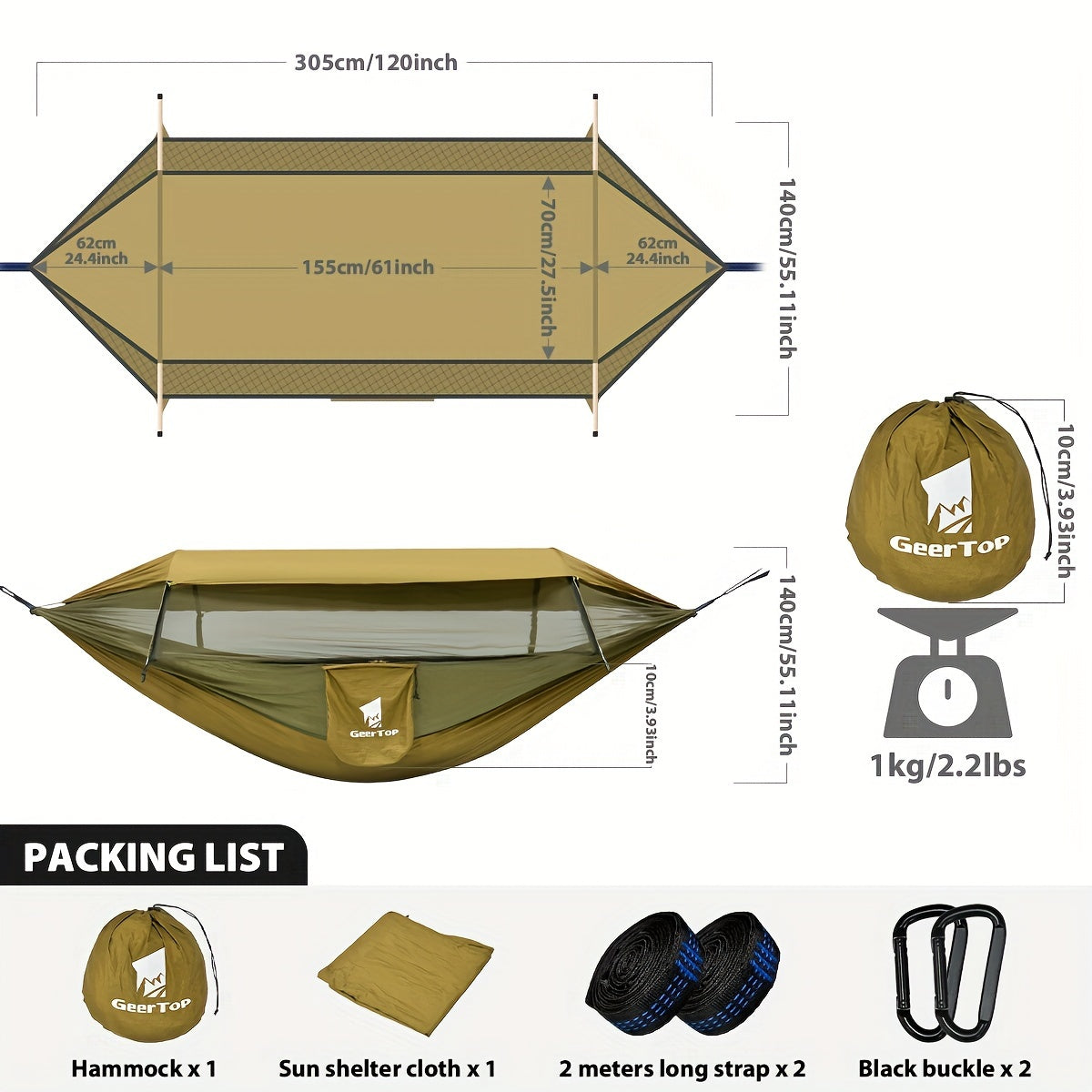 GEERTOP 3in 1 Outdoor Hammock with Mosquito Net Sun Shelter, Double Sleep Rest Camping Hammock for Backpacking Travel Garden Park