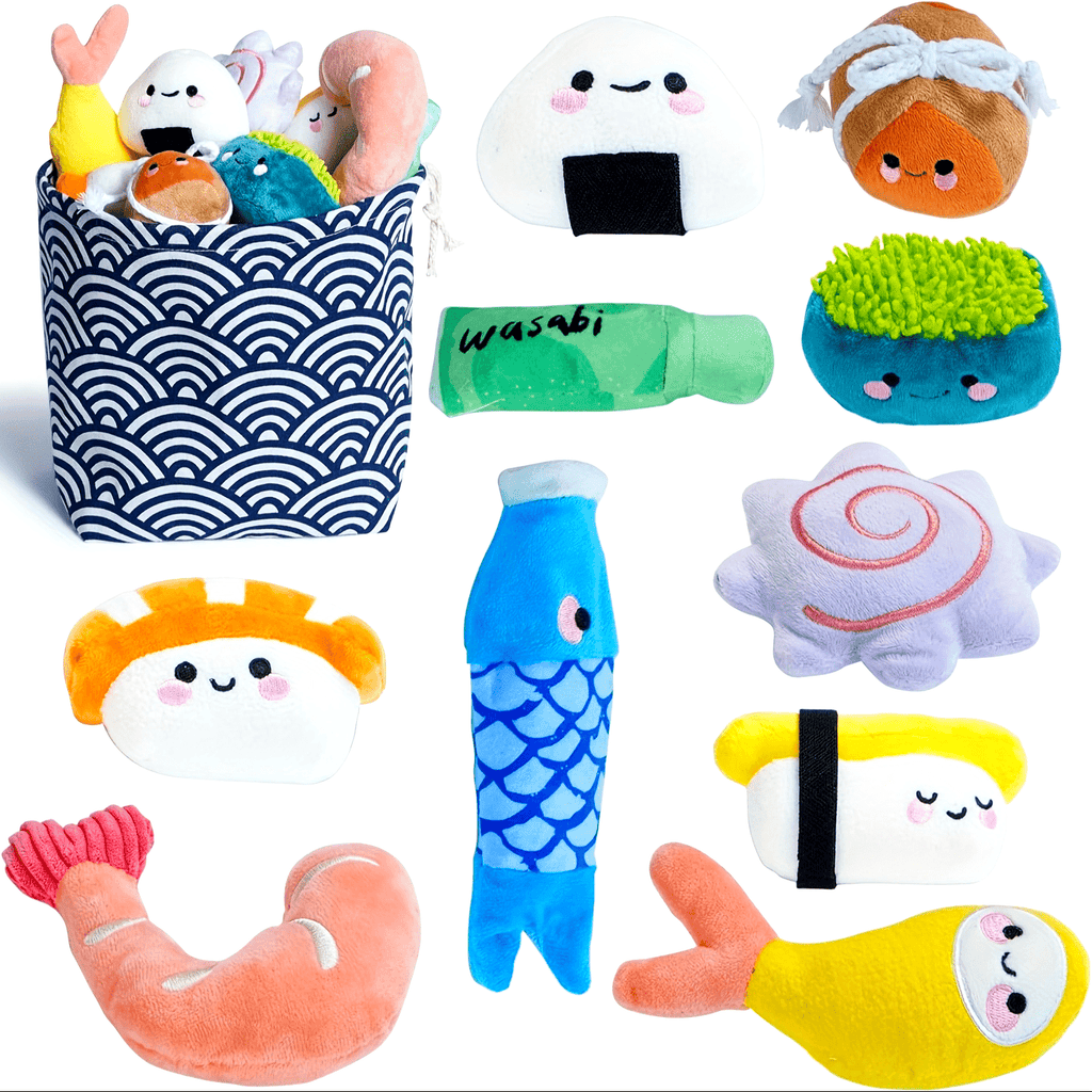 Nocciola 10 PCS Sushi Small Dog Toys to Keep Them Busy, Cute Stuffed PuppyToys with Bag, Puppy Chew Toys for Small to Medium Dog, Plush Dog Squeaky Toy Set, Doggie Birthday Gifts