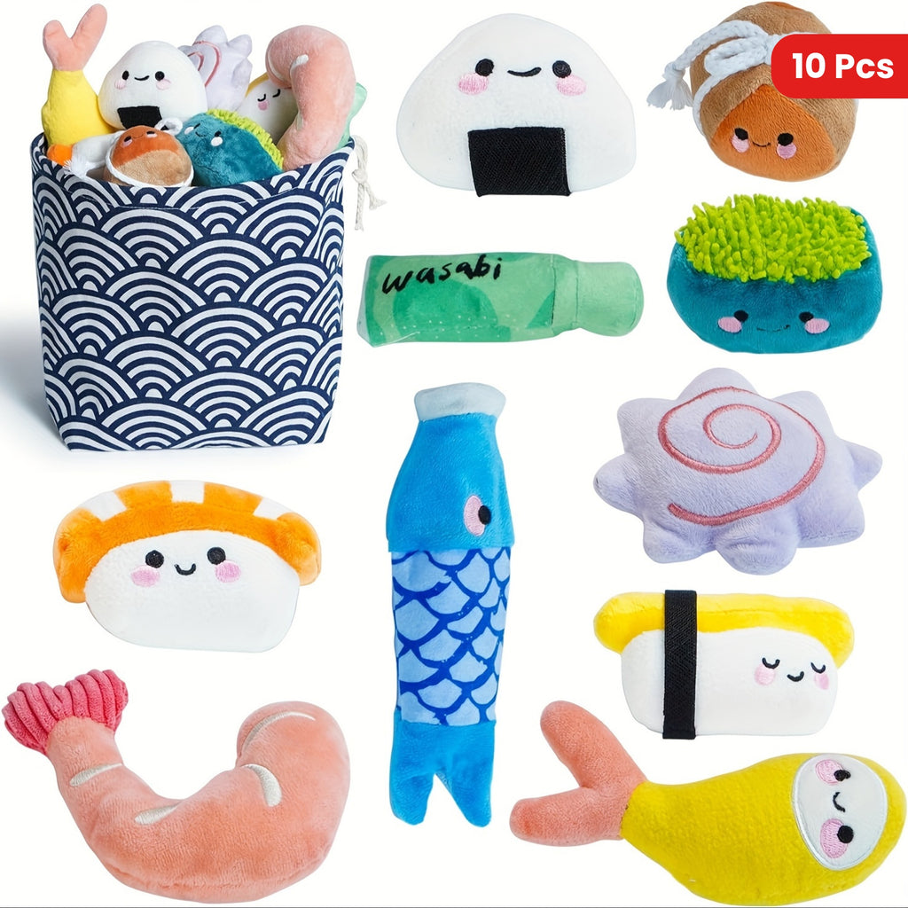 Nocciola 10 PCS Sushi Small Dog Toys to Keep Them Busy, Cute Stuffed PuppyToys with Bag, Puppy Chew Toys for Small to Medium Dog, Plush Dog Squeaky Toy Set, Doggie Birthday Gifts