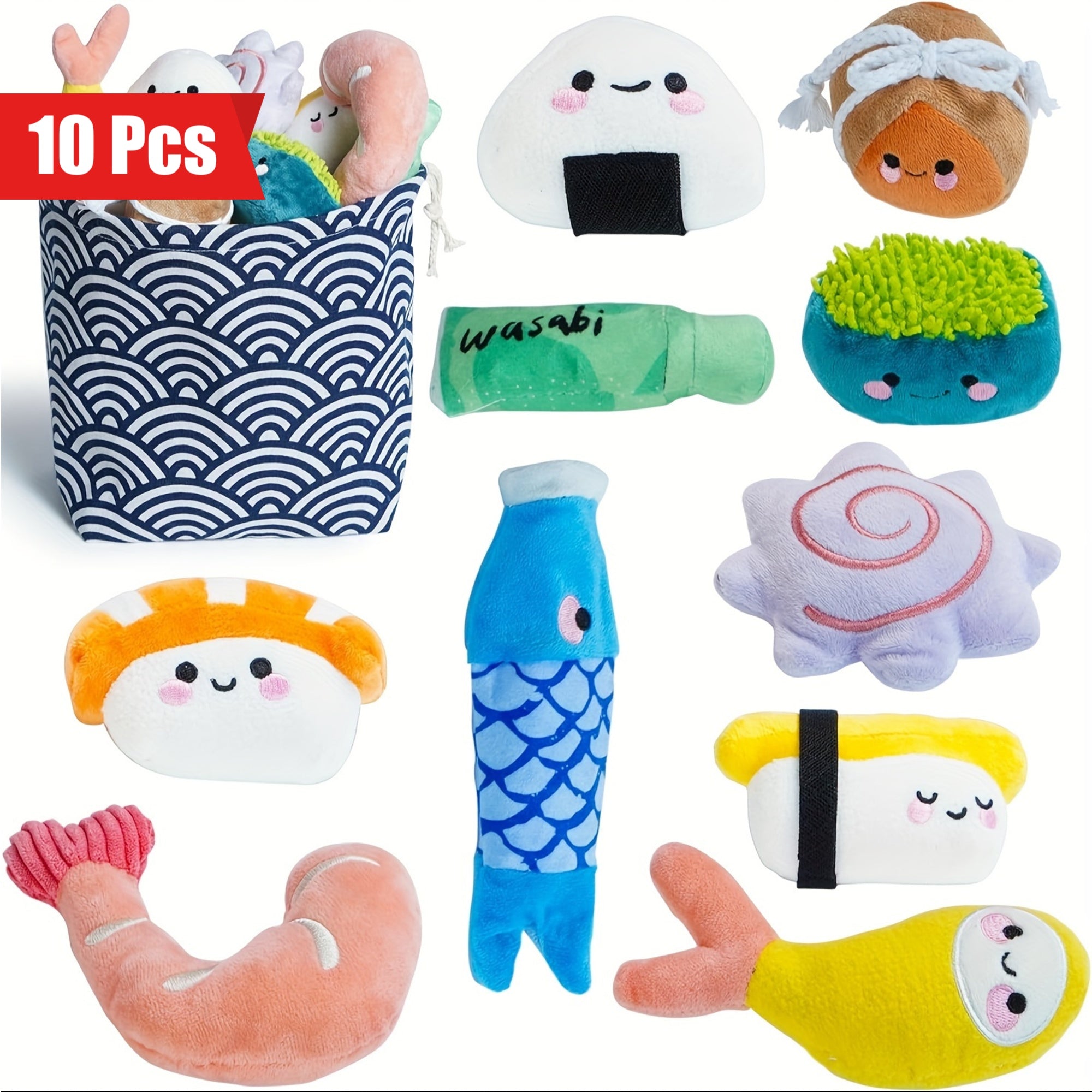 Nocciola 10 PCS Sushi Small Dog Toys to Keep Them Busy, Cute Stuffed PuppyToys with Bag, Puppy Chew Toys for Small to Medium Dog, Plush Dog Squeaky Toy Set, Doggie Birthday Gifts