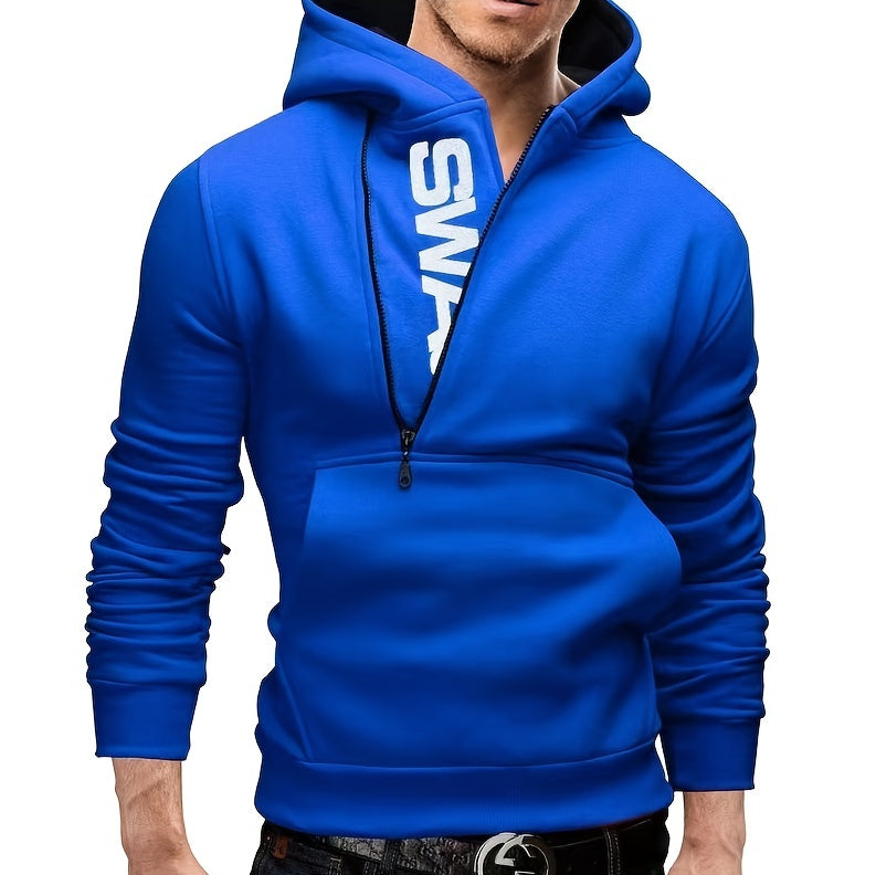Men's Long Sleeve Letter Print Hoodie Sweatshirt with Kangaroo Pocket, Zipper Sloped Collar, Suitable for Outdoor Sports, Autumn and Winter Fashion