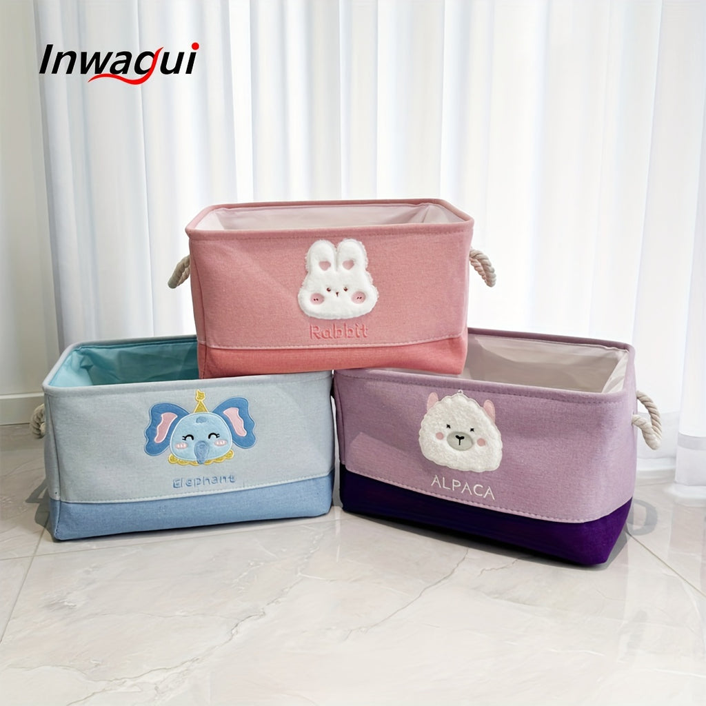 Inwagui Animal-Themed Foldable Storage Basket - Thick Fabric, Elephant, Rabbit & Alpaca Designs with Handles for Clothes, Toys, Books Organizer - Modern Home Decor, for Spring