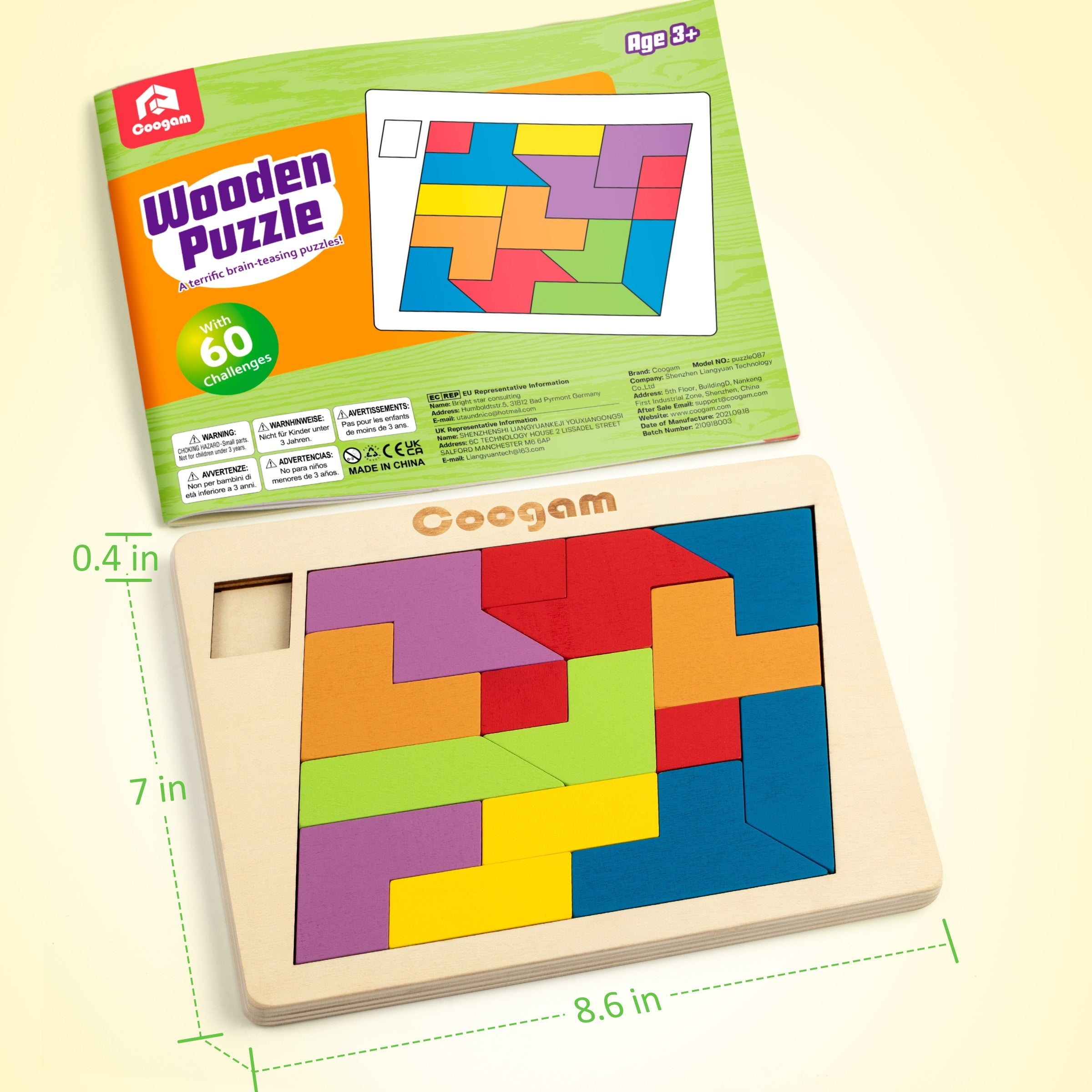 Coogam Wooden Puzzle Blocks Geometric Tangram Brain Teasers Jigsaw 3D Logic IQ Game Colorful Shape Pattern STEM Educational Toys Gift 60 Challenges For All Age