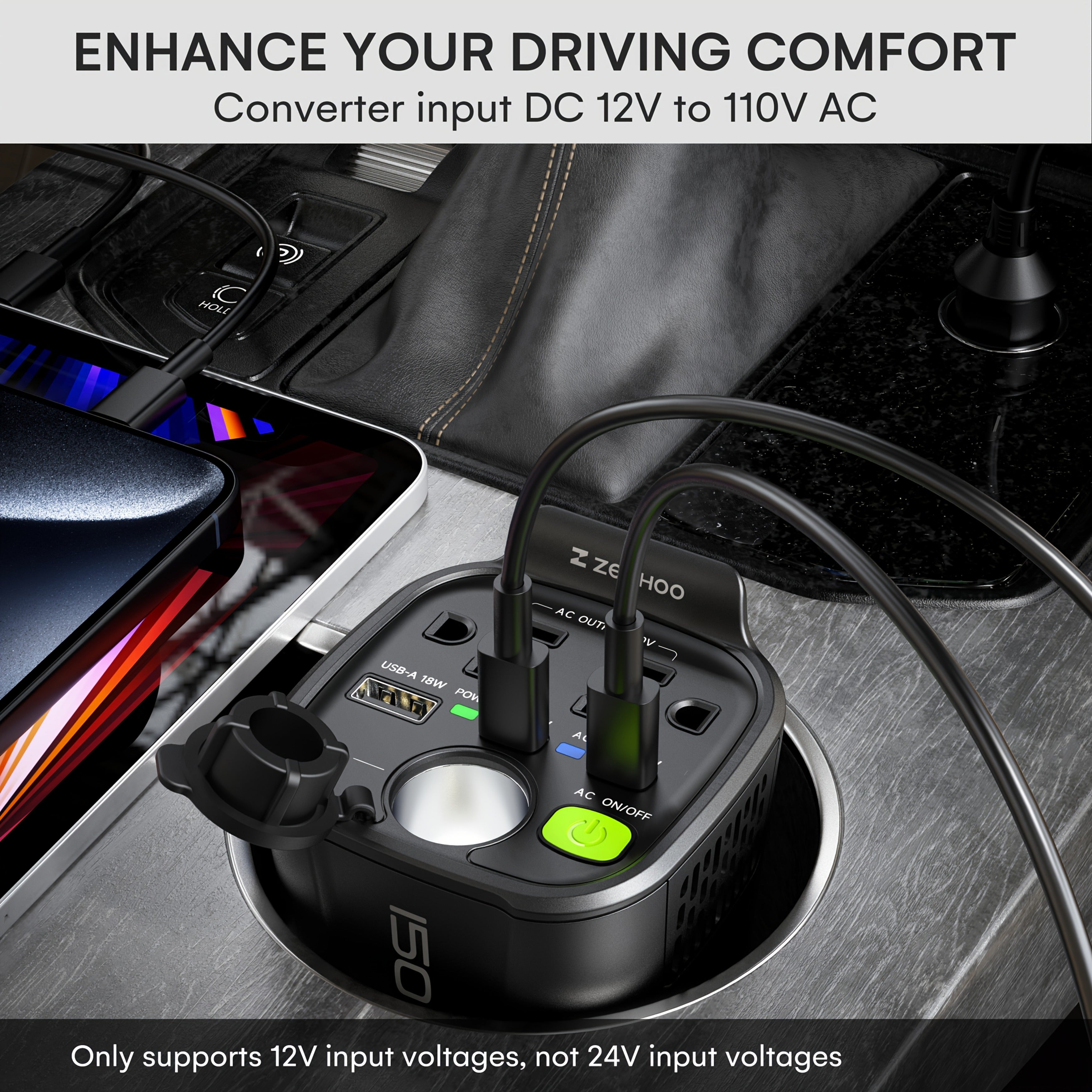 150W Car Power Inverter with 12V DC to 110V AC Car Plug Adapter Outlet Converter, 2 AC Outlets, 18W USB A, Dual 30W PD Car Charger - Heavy-Duty Black Vehicle Automotive