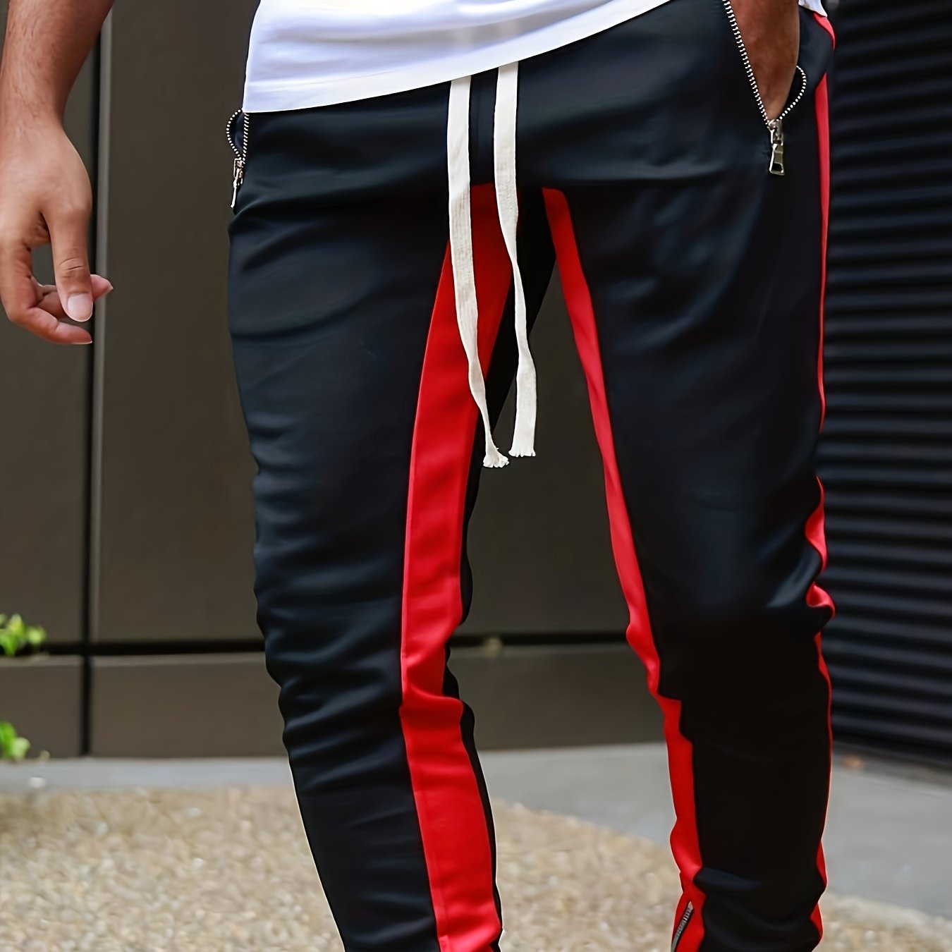 Trendy Patchwork Jogger Pants - Moisture Wicking, Lightweight, Slightly Stretchy, Zipper Pockets, Chain Decoration - Perfect for Sports, Weekend Casual, Daily Wear in Spring and Fall