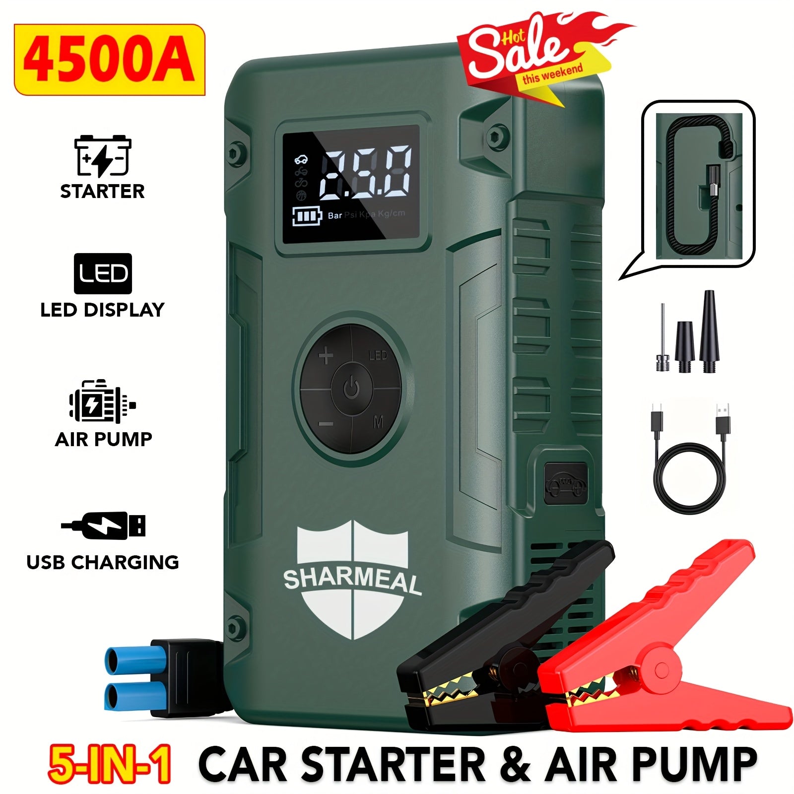 SHARMEAL 4500A Peak Automotive Jump Starter & 150PSI Tire Inflator, Air Compressor Car Jump Starter,