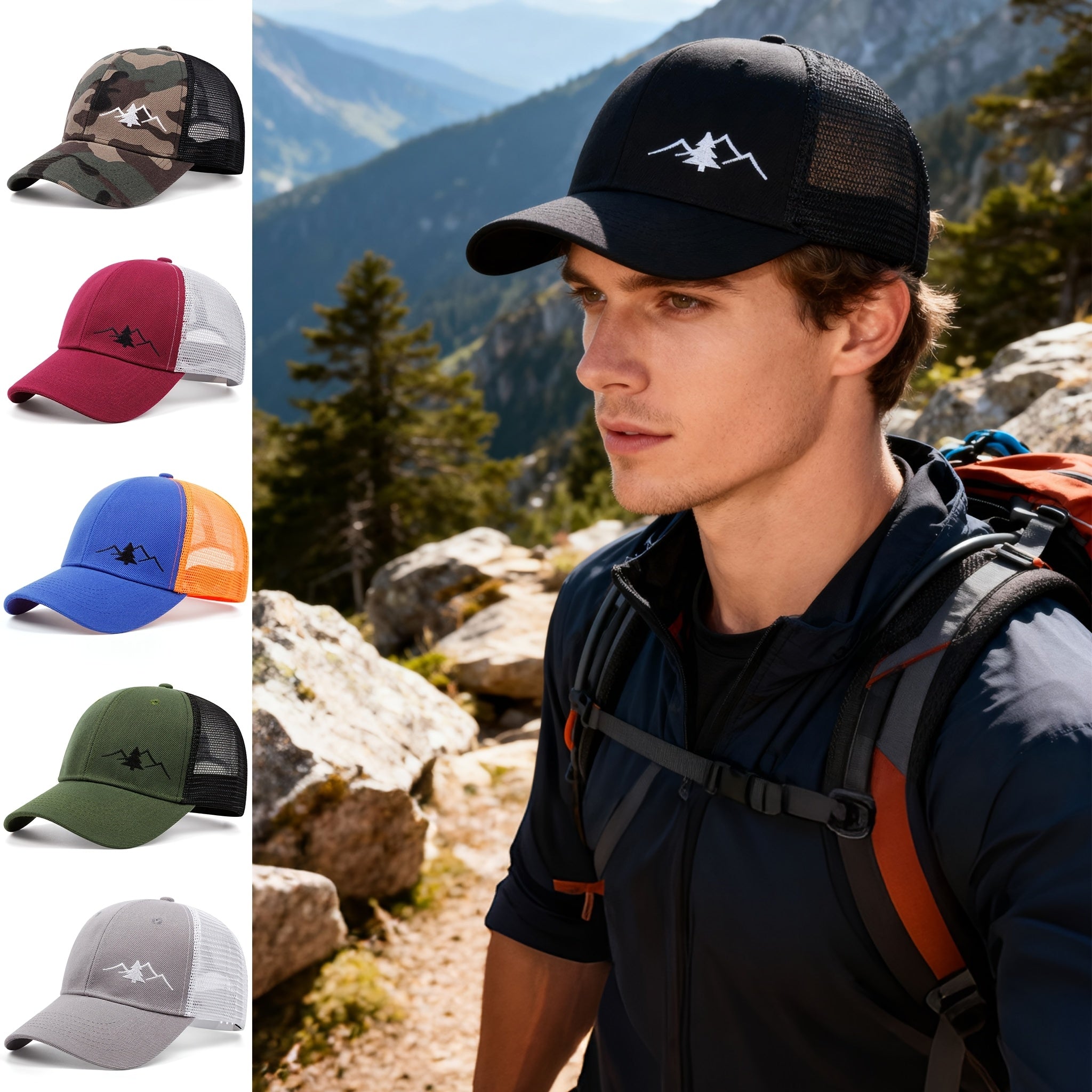 Vintage Pine Tree Embroidered Trucker Cap, Retro Washed Mesh Hat, Outdoor Forest Style Baseball Cap for Men and Women