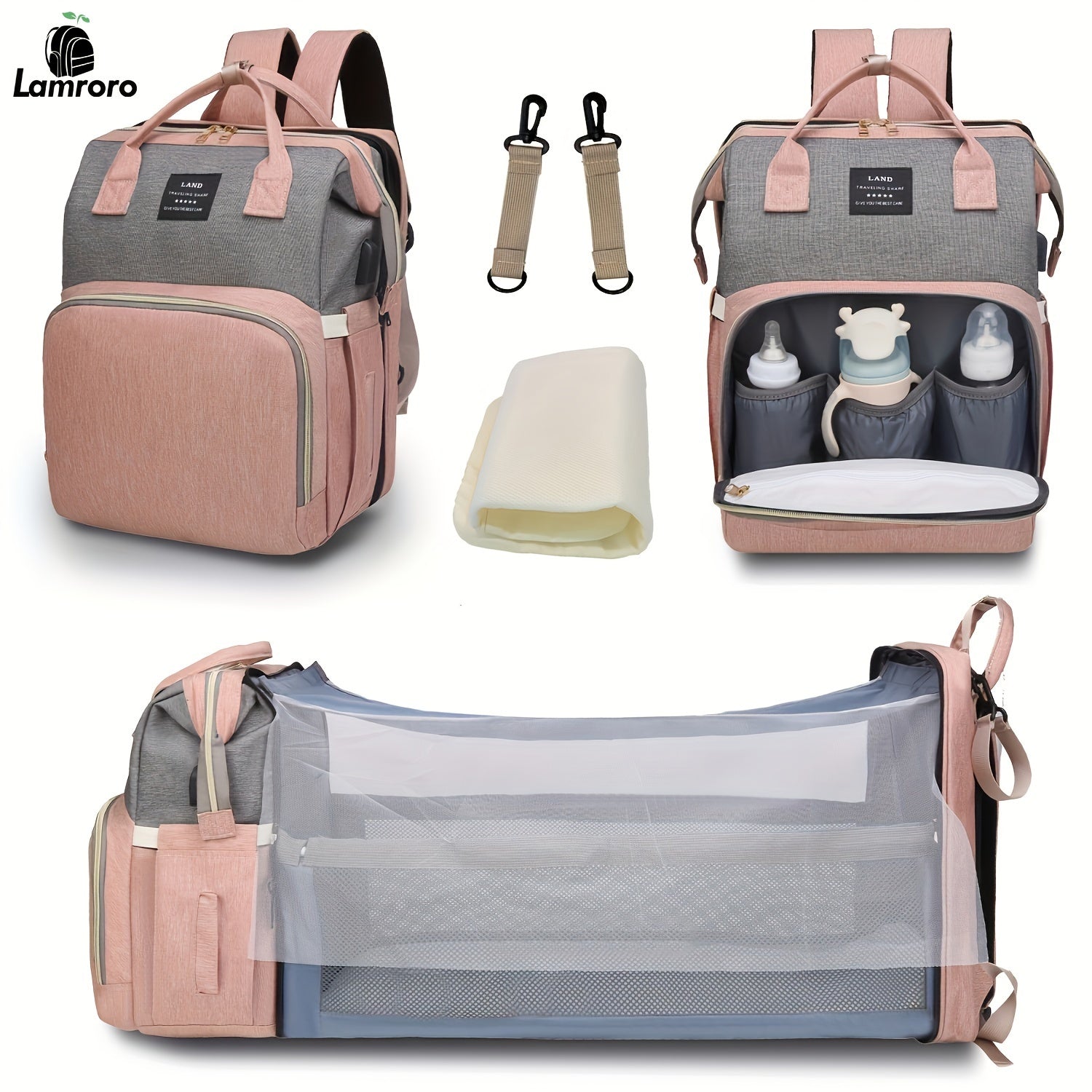 Lamroro Moire Diaper Bag Backpack, Large Capacity, Travel Backpack with Changing Station