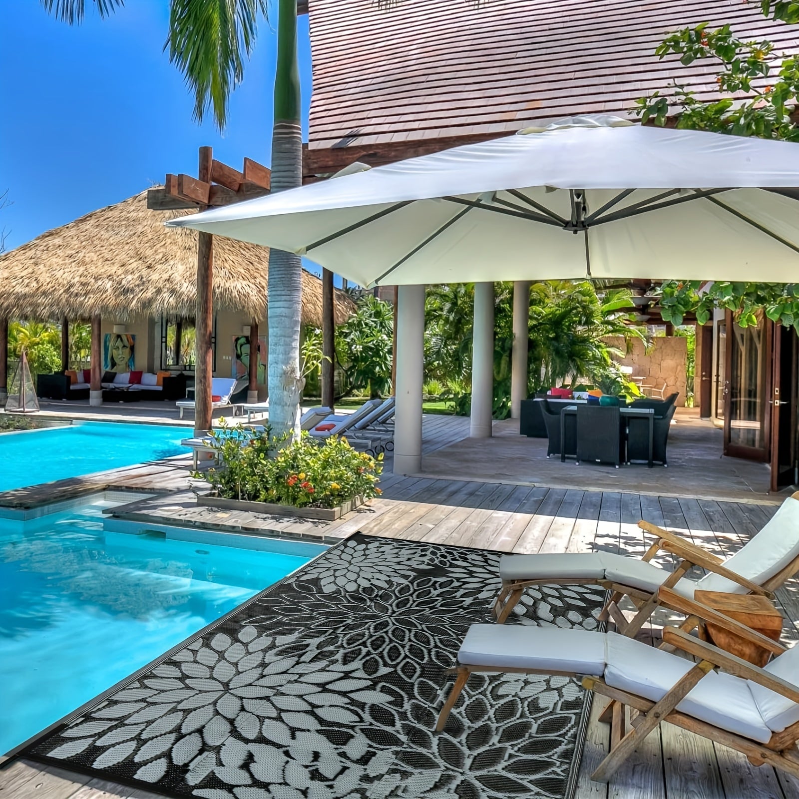 Large High Quality Reversible Tropical Leaf Design Outdoor Mat - Durable Polypropylene All-Weather Patio Mat for RV, Porch, Deck, Balcony & Picnic, Outside Rugs for Patio High Quality, Porch Floor Covering