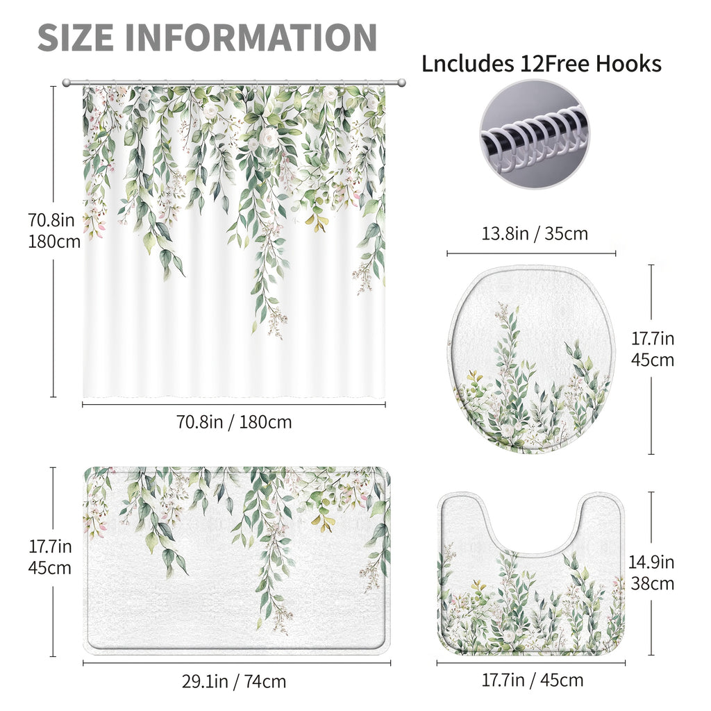 4pcs Sage Green Eucalyptus Shower Curtain Set, Watercolor Floral Plant Leaves, Waterproof Bathroom Accessories With 12 Hooks, Non-Slip Rugs, U-Shaped Mat, Toilet Seat Cover, Nordic Botanical Fresh Green & Gray Eucalyptus Leaf