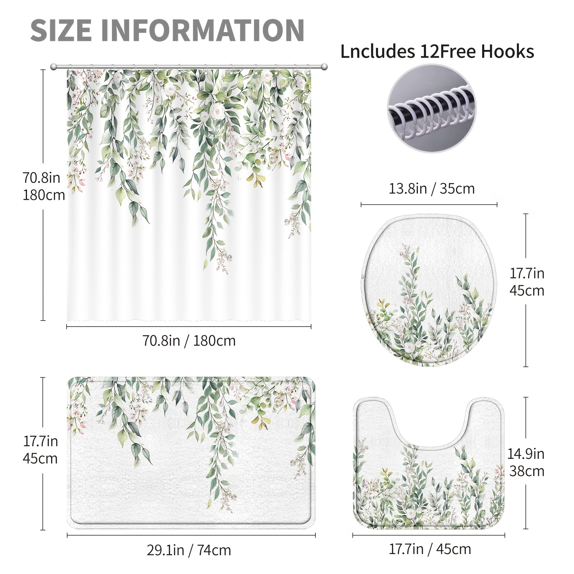 4pcs Sage Green Eucalyptus Shower Curtain Set, Watercolor Floral Plant Leaves, Waterproof Bathroom Accessories With 12 Hooks, Non-Slip Rugs, U-Shaped Mat, Toilet Seat Cover, Nordic Botanical Fresh Green & Gray Eucalyptus Leaf
