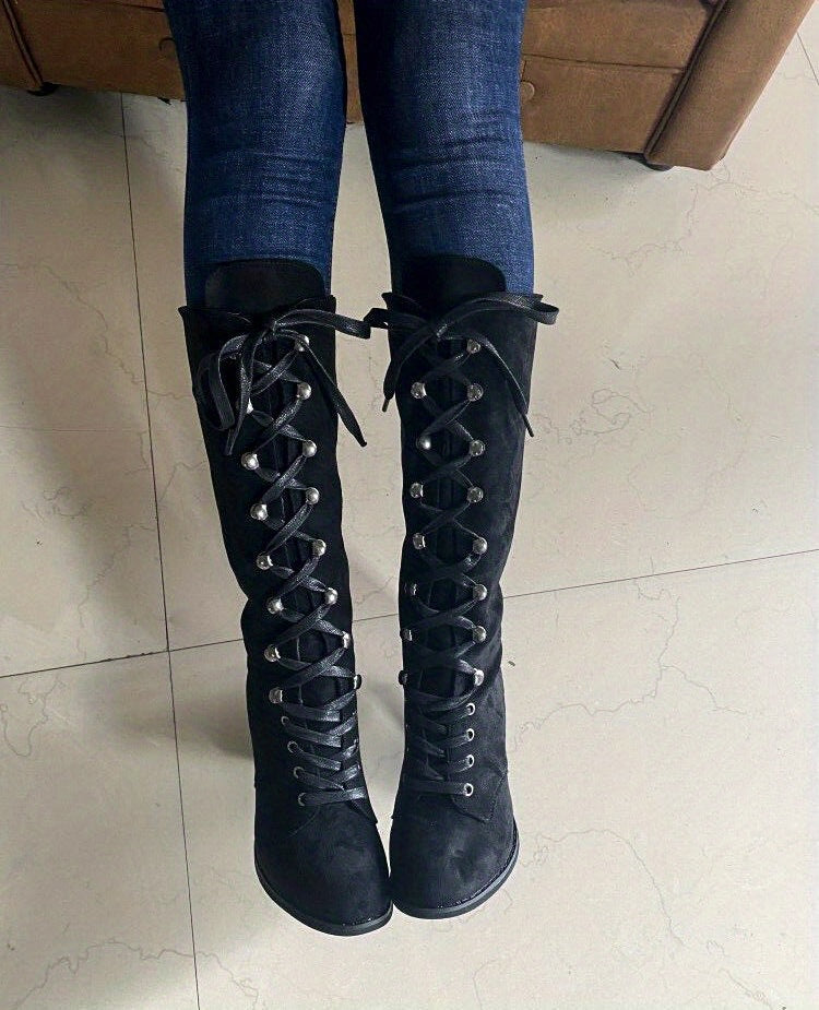 Women's Heeled Knee High Boots, Solid Color Lace Up Chunky Heeled Boots, Versatile Comfy Long Boots