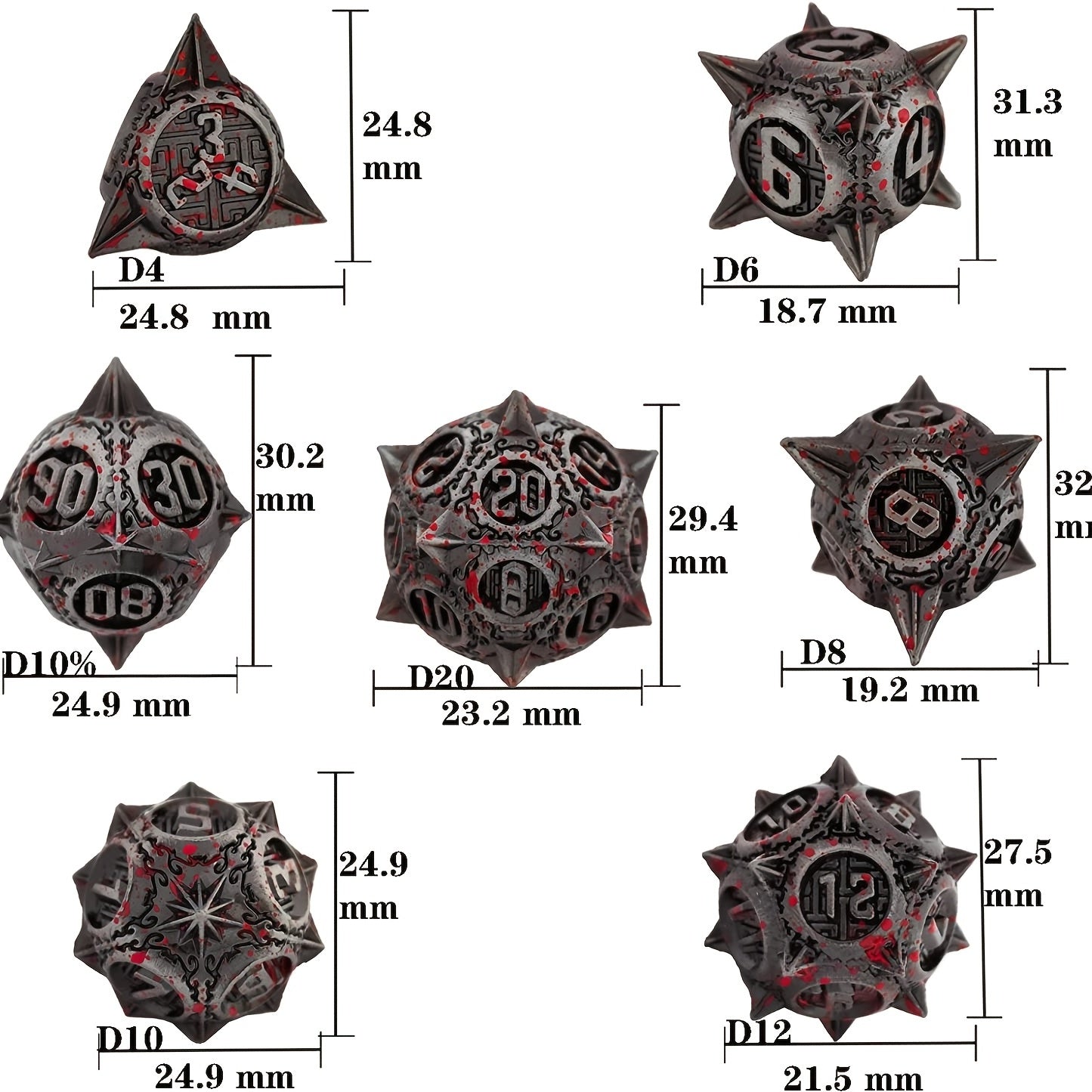 Sharp Metal Meteor Dice Set - Large & Bold Gaming Dice for Dungeons & Dragons - Solid, Weighted, and Aesthetically Pleasing - Complete with D20, D12, D10, D8, D6, D4