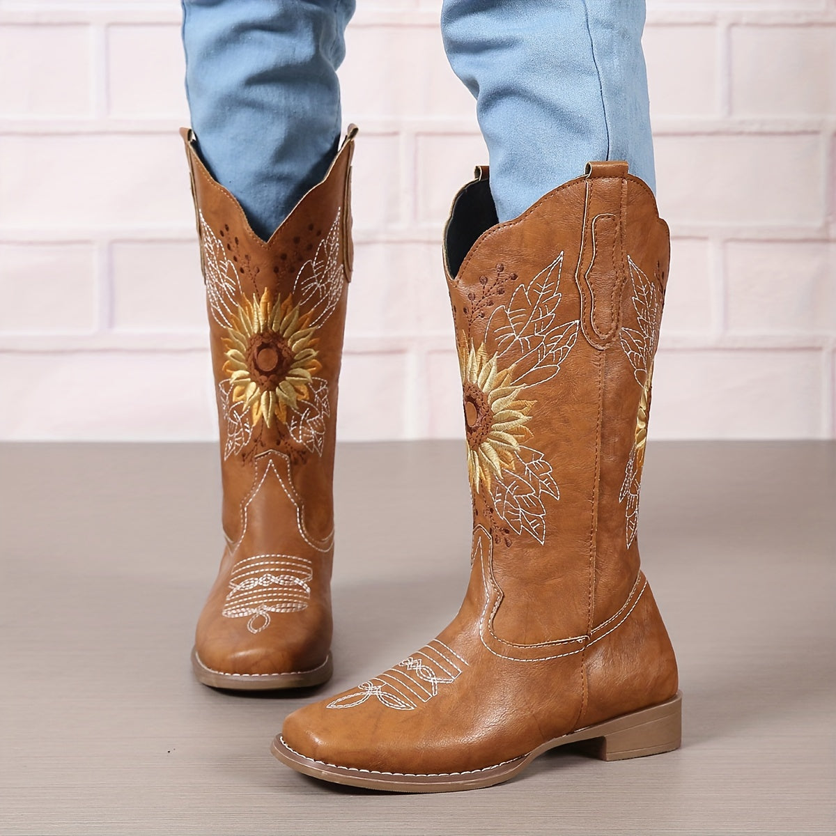 Women's Embroidered Mid Calf Western Boots, Faux Leather Fashion Boots, Women's Footwear