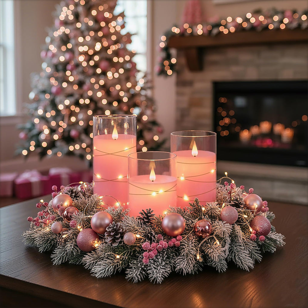 [Romantic Flameless LED Candles] 3pcs Realistic Flameless LED Candles with Remote & String Lights - 2D Flat, Battery Operated Flameless Candle Lights, Pink Table Centerpieces for Wedding, Christmas, Valentine's, Party Decor -