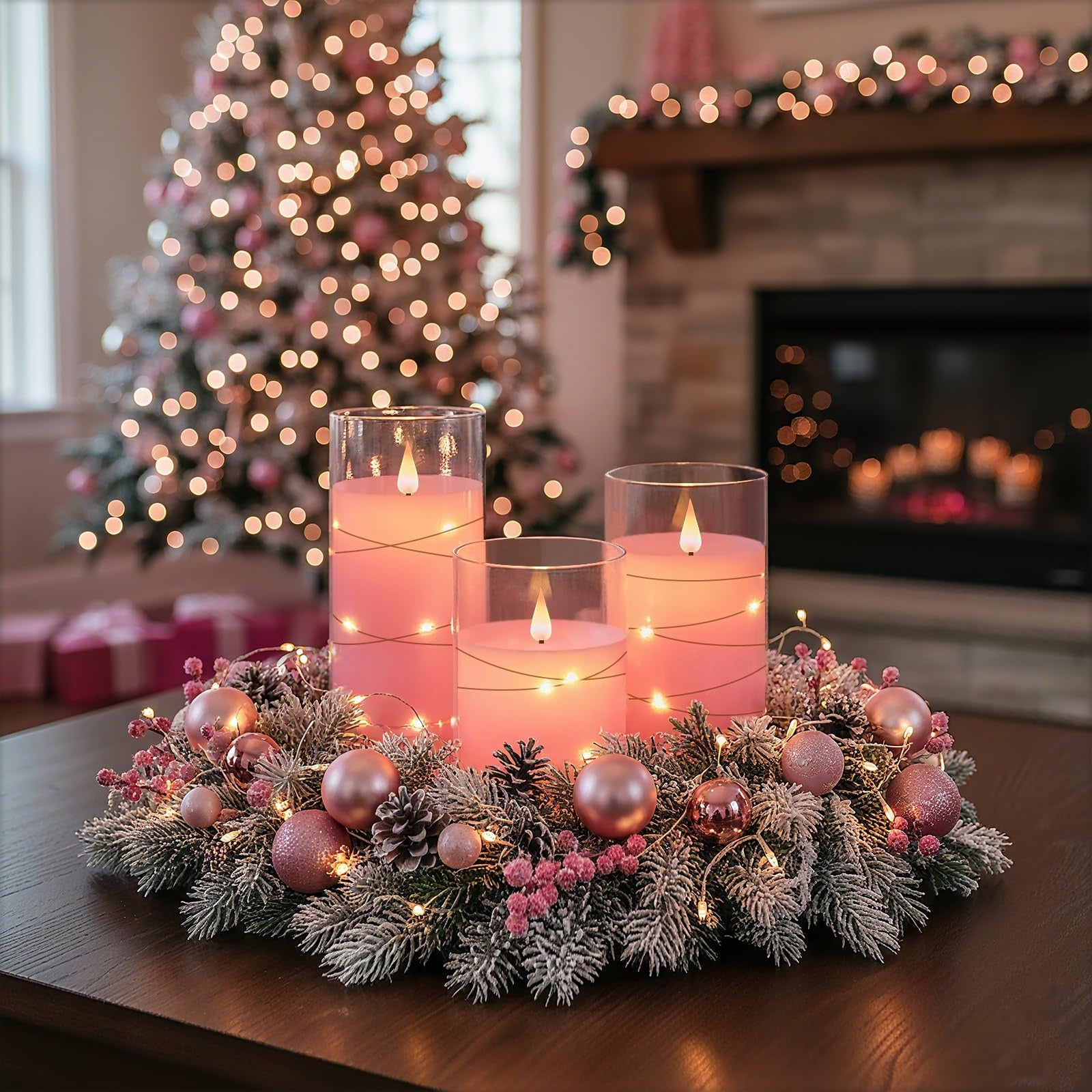 [Romantic Flameless LED Candles] 3pcs Realistic Flameless LED Candles with Remote & String Lights - 2D Flat, Battery Operated Flameless Candle Lights, Pink Table Centerpieces for Wedding, Christmas, Valentine's, Party Decor -