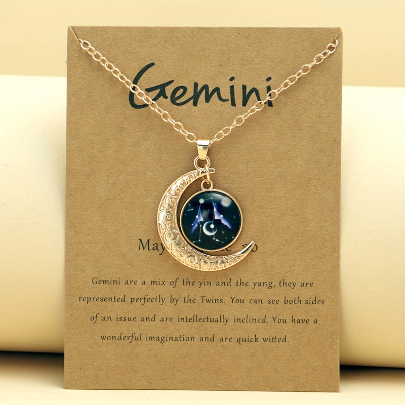 Glow-in-the-Dark Zodiac Necklace with Vintage Moon Pendant - Stylish Aquarius/Sagittarius/Leo/Leprechaun/Night & Sun Signs, Colorful Glass Charms, Zinc Alloy, Perfect Gift for Men