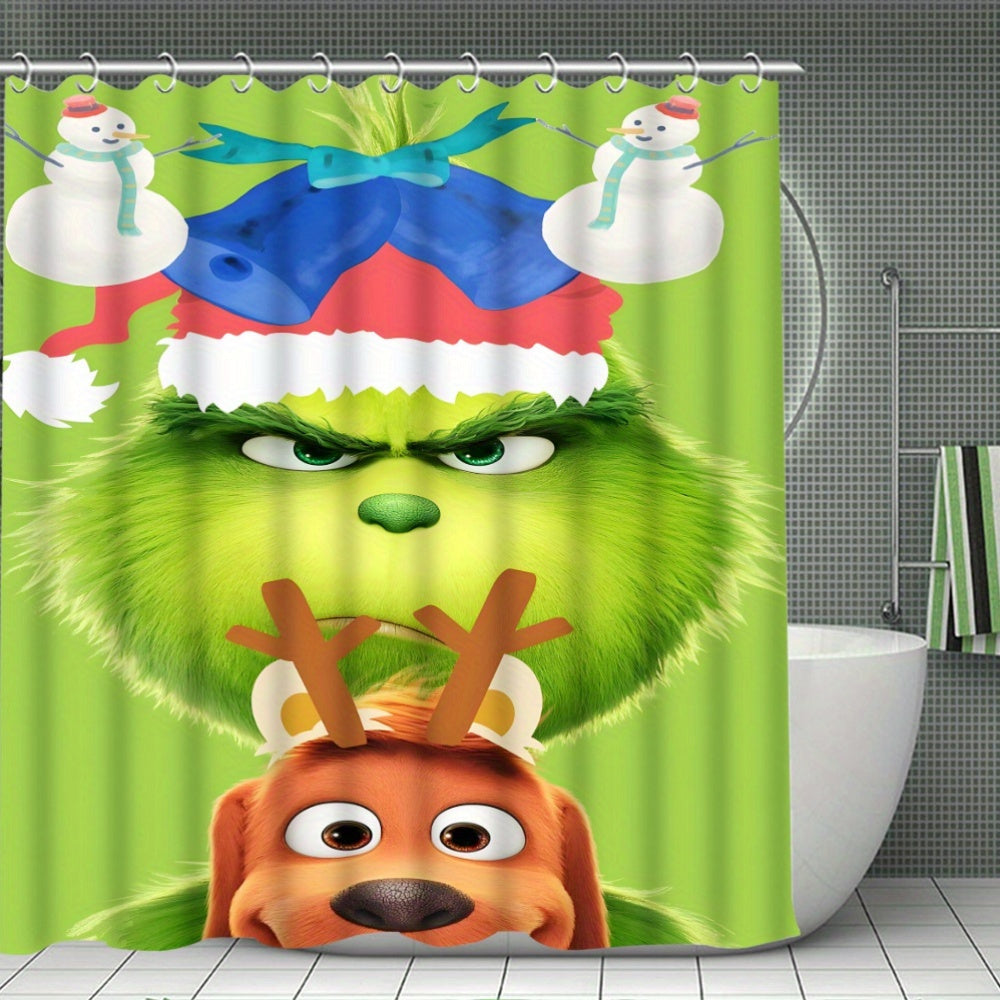 Green-Haired Monster Christmas Bathroom Set with 12 Hooks - Polyester Fiber Outdoor Bathing Set, Waterproof Bath Tub Accessory, Non-Slip Rugs, Toilet Lid Cover & U-Shaped Mat - Universal Fit, Ideal for Home Decor & Seasonal G