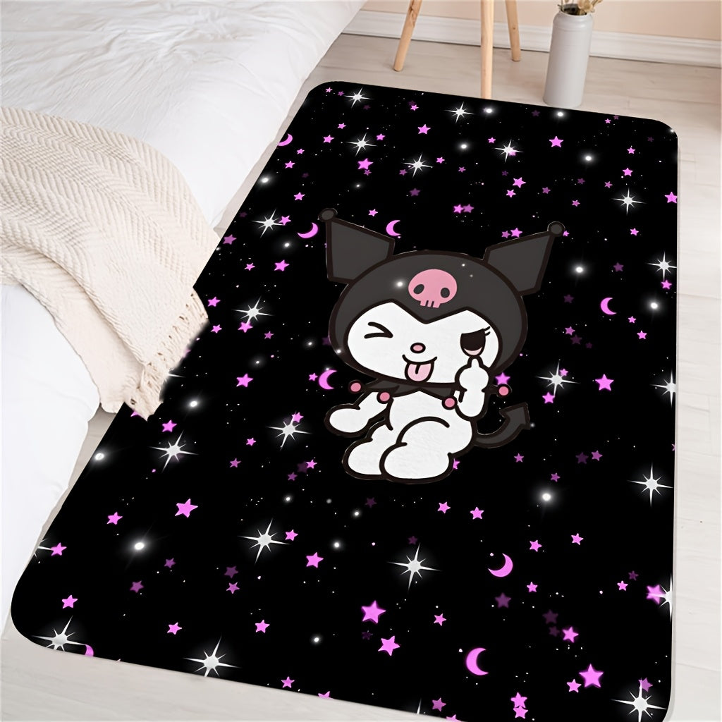 1pc Sanrio Hello Kitty KUROMI Flannel Area Mat - Soft, Washable, Non-Slip Cartoon Mat for Bedroom, Living Room, Indoor Use - Polyester Fiber, Rectangle, Christmas Holiday Decor, Rugs for Bedroom