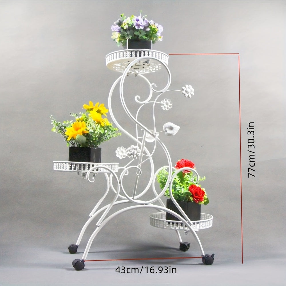 1 Pack, 3-Tier Classic Metal Flower Stand With Wheels For Indoor/Outdoor Plant Display Rack, Rolling Garden Decor