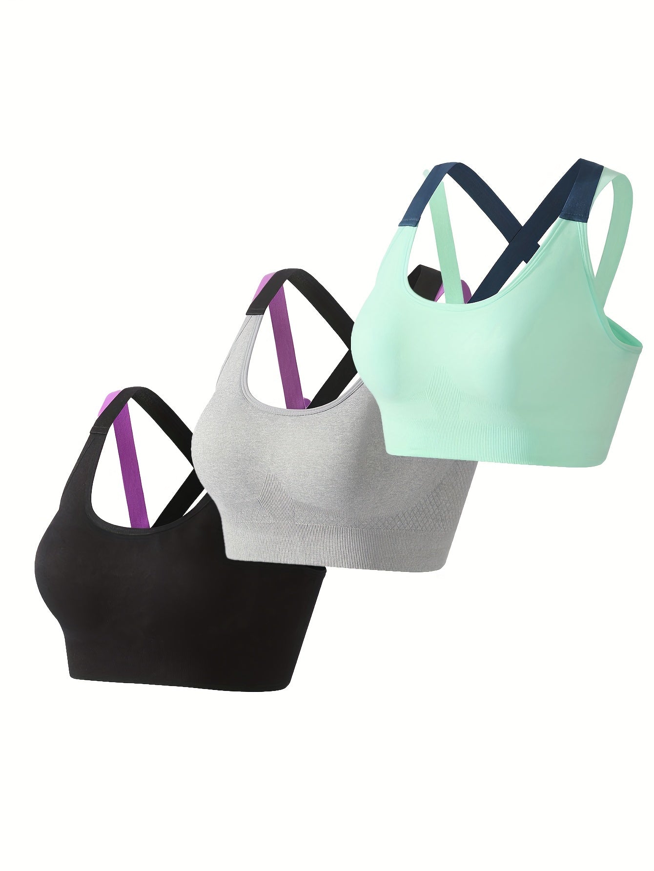 [Criss Cross Back Sports Bra] 3pcs Comfy Criss Cross Back Sports Bras - Breathable Colorblock Running Workout Bra for Women