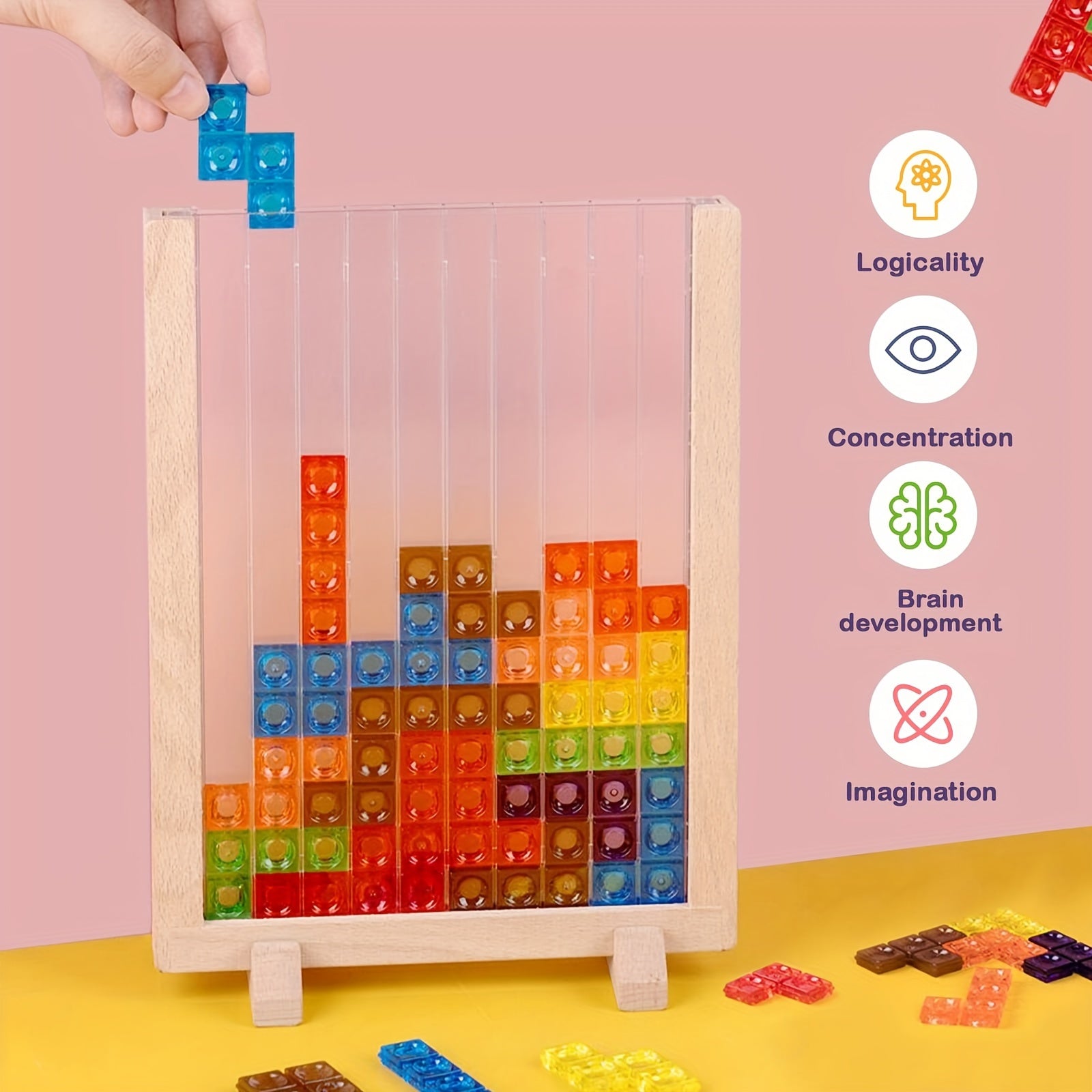 Wooden Blocks Puzzle Brain Teasers Toy, Intelligent Colorful 3D Plastic Blocks Game With Vertical Wood Frame Game Board, Tangram Educational Toys Gift For Kids Age 3+