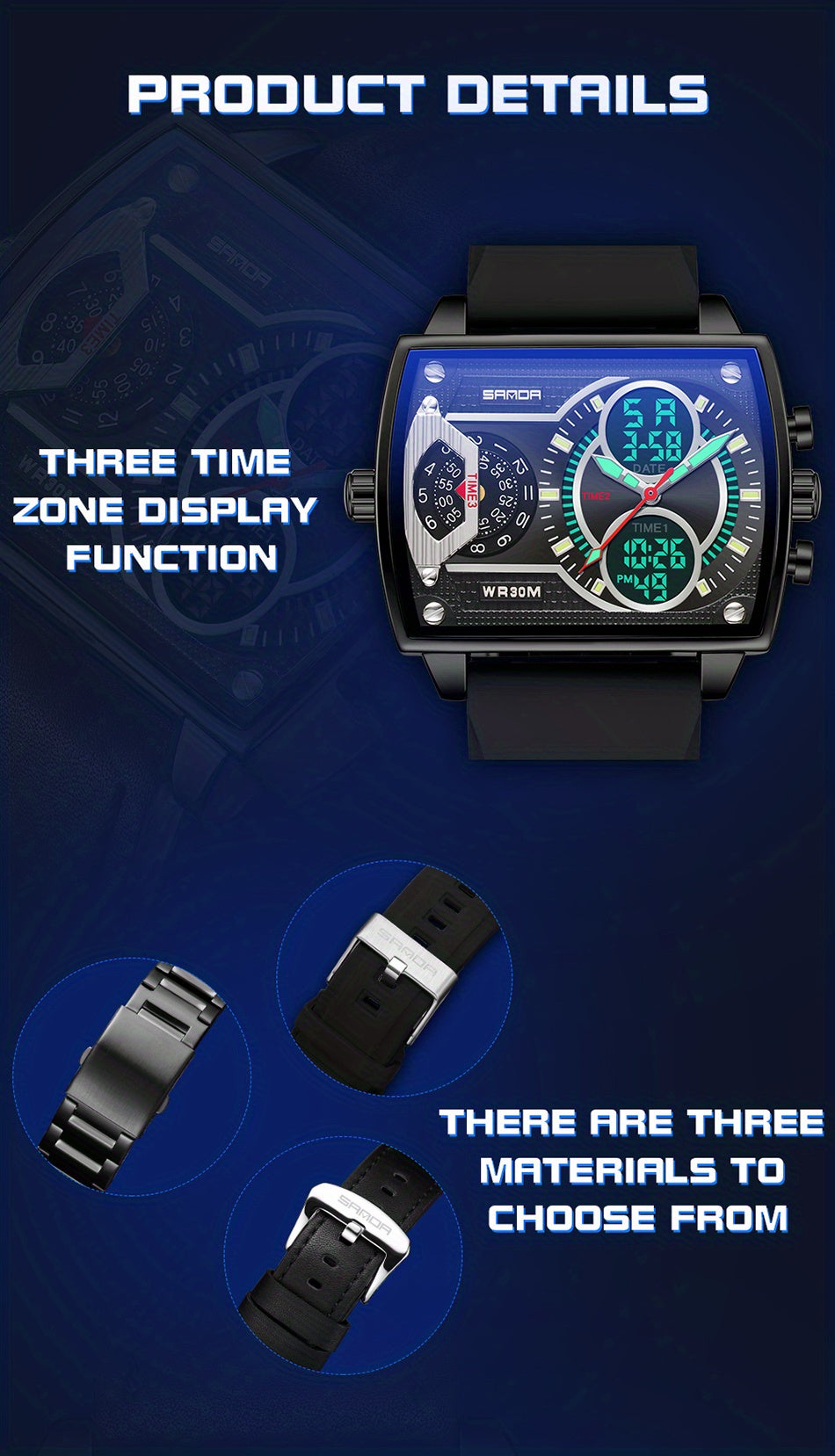 Large Dial Multi Time Zone Men's Watch, Square Dual Display Multifunctional Sports Watch with Dual Time Zone, Date, Alarm, and Stopwatch Functions