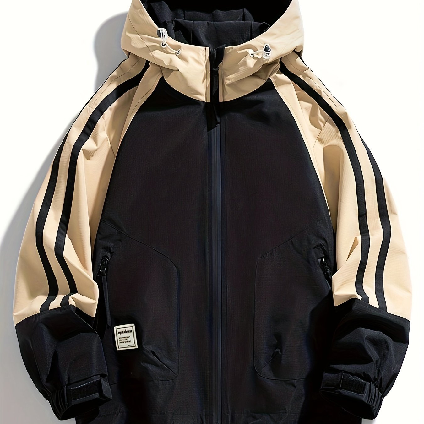 Plus Size Men's Elegant Contrast Color Hooded Jacket For Spring/autumn, Oversized Loose Fit Jacket For Sports/outdoor, Men's Clothing