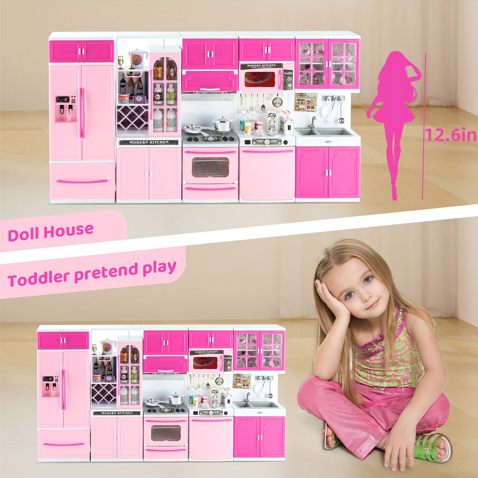 Pink 64 PCS Mini Furniture Sets - Doll Playset Toys With Lights and Sounds