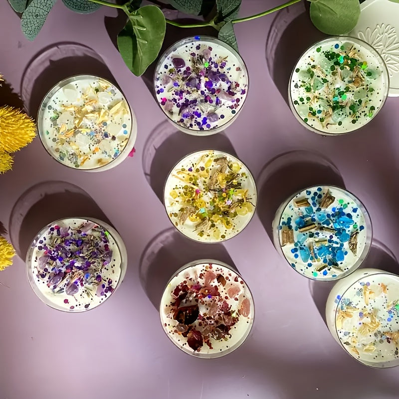 Six Gift Boxes Containing Scented Candles Made with Crystal And Dried Flowers, Adorned with Colorful Sequins. Each Box Features Six Harmoniously Paired Fragrances That Can Elevate The Romantic Ambiance And Serve As Ideal Holi