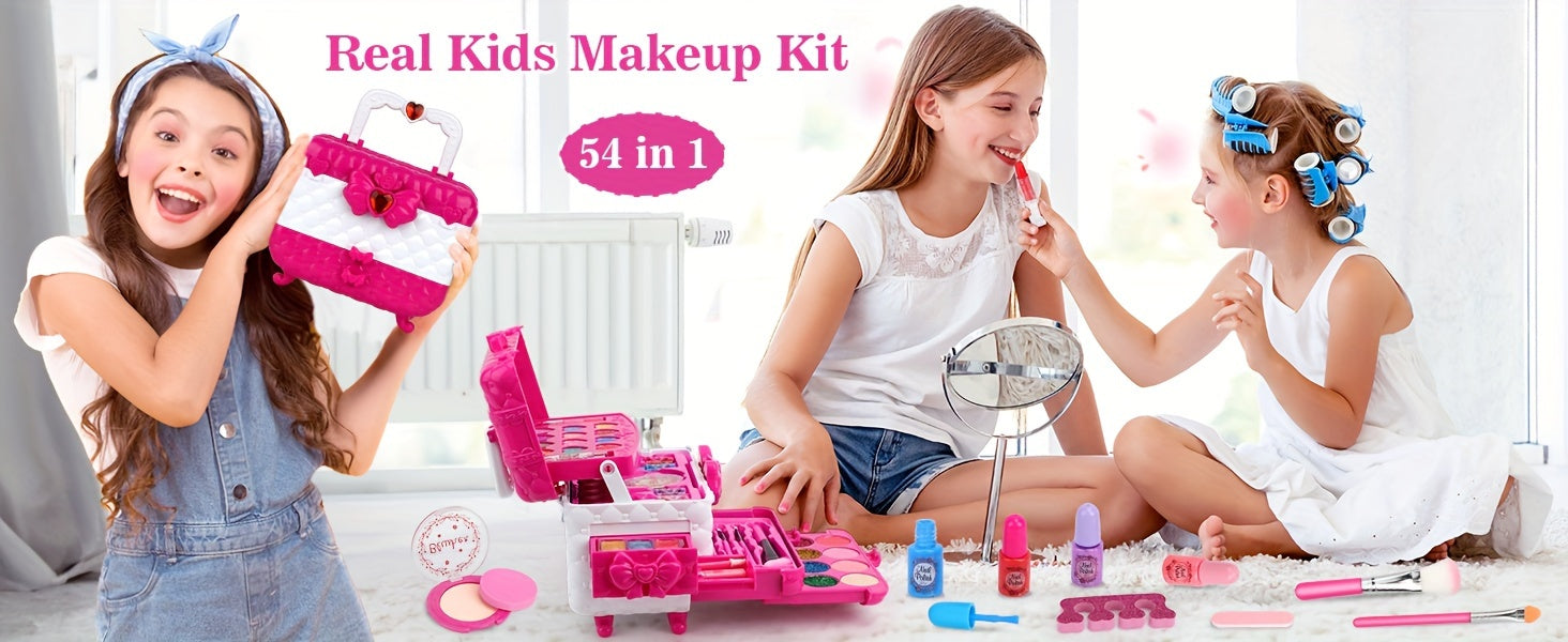 54PCS Washable Real Makeup Set for Kids, Little Girls Makeup Toys, Ideal Christmas Gifts, Toddler Toys for Halloween