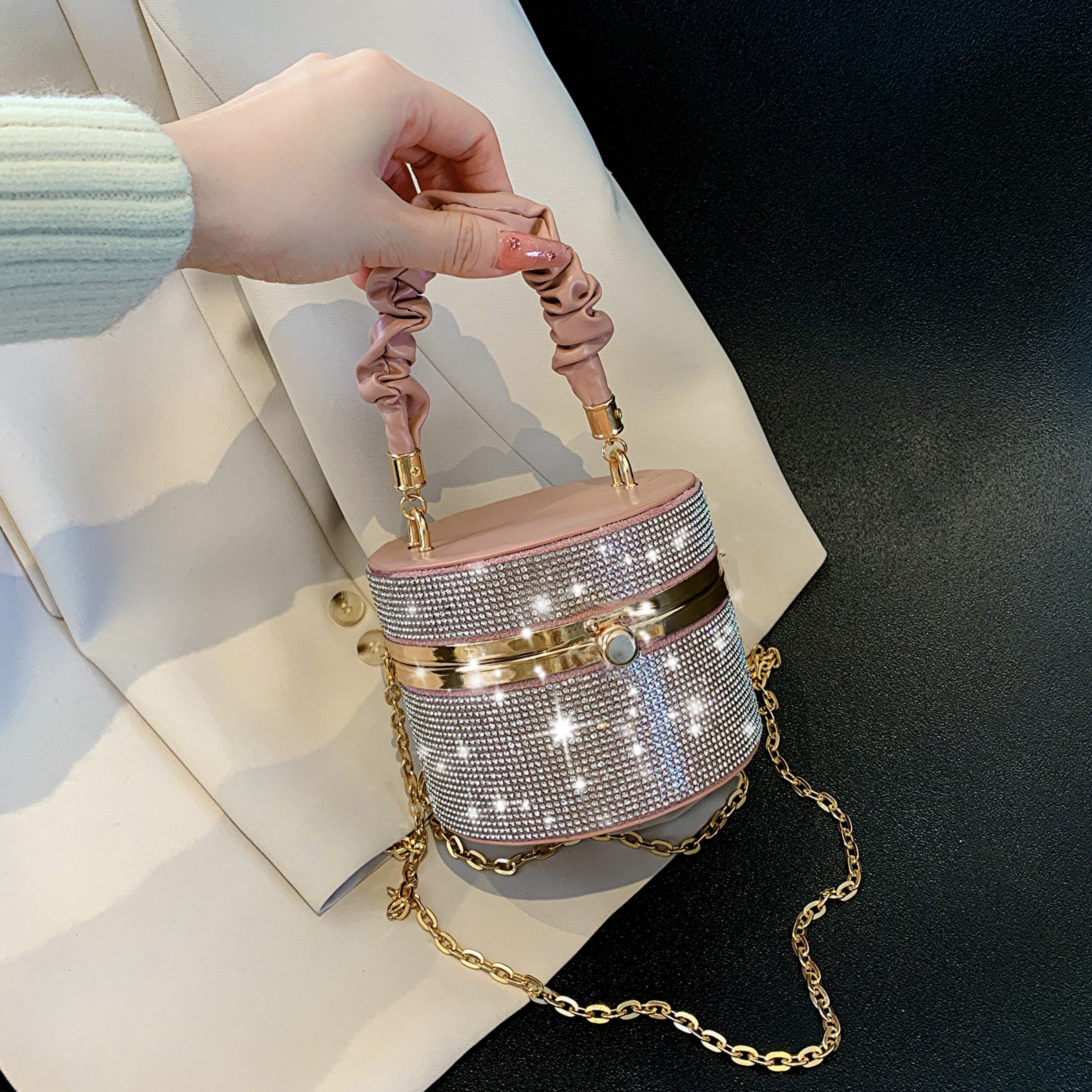 Mini Allover Rhinestone Handbag, Ruched Detail Evening Bucket Bag,