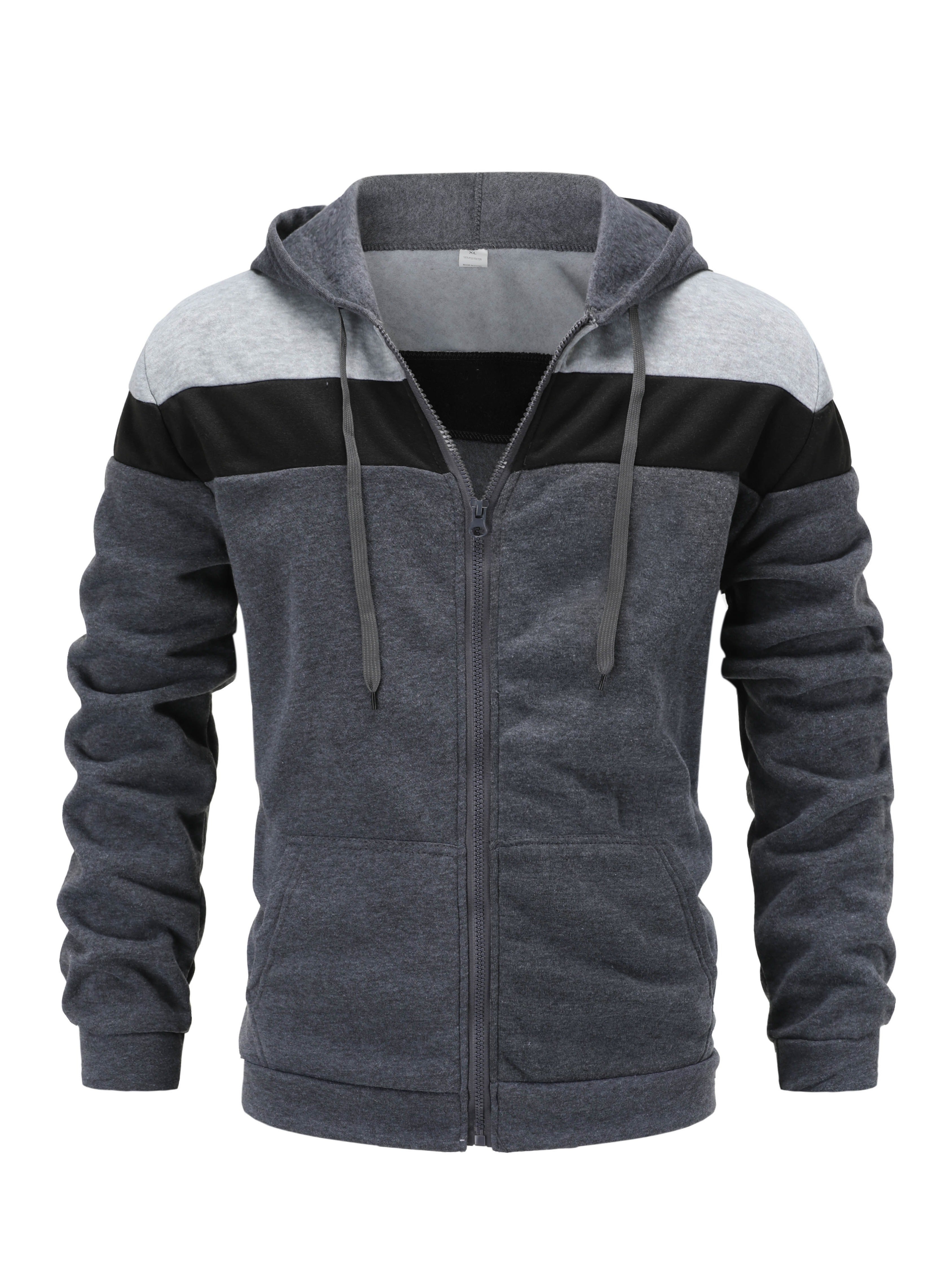 Men'S Casual Hooded Sweatshirt, Solid Color Zip-Up Pullover, Long Sleeve Polyester Knit Fabric, Regular Fit with Slight Stretch, 160gsm - Autumn/Winter Fashion