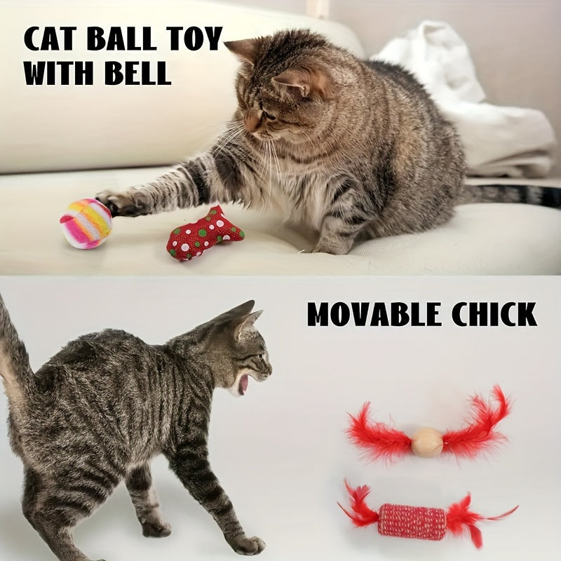 10 Pcs Xmas Cat Toy Set With Teaser Wand Mice Cat Balls And Bell Interactive Toys For Cats Indoor Supplies