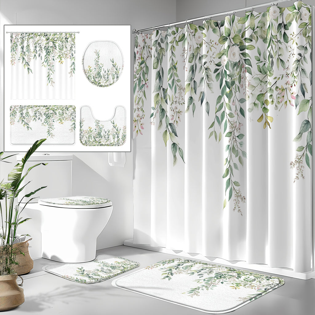 4pcs Sage Green Eucalyptus Shower Curtain Set, Watercolor Floral Plant Leaves, Waterproof Bathroom Accessories With 12 Hooks, Non-Slip Rugs, U-Shaped Mat, Toilet Seat Cover, Nordic Botanical Fresh Green & Gray Eucalyptus Leaf