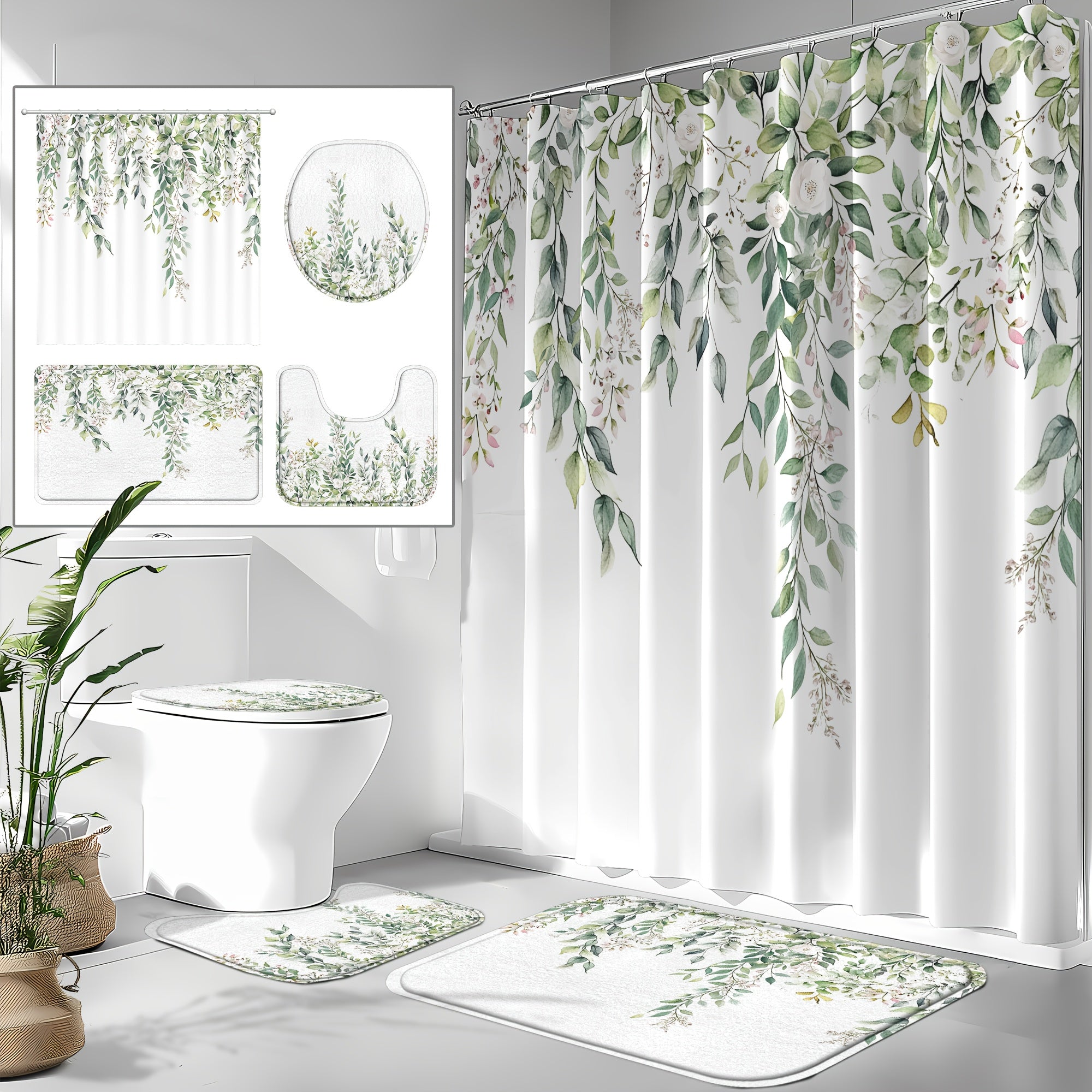 4pcs Sage Green Eucalyptus Shower Curtain Set, Watercolor Floral Plant Leaves, Waterproof Bathroom Accessories With 12 Hooks, Non-Slip Rugs, U-Shaped Mat, Toilet Seat Cover, Nordic Botanical Fresh Green & Gray Eucalyptus Leaf