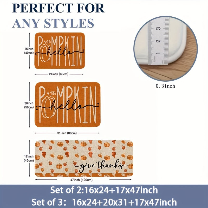 Thanksgiving Pumpkin Kitchen Mat Set (2/3pcs) - Soft, Non-Slip & Stain-Resistant Flannel Rugs for Fall Decor, Perfect for Home & Holiday Parties