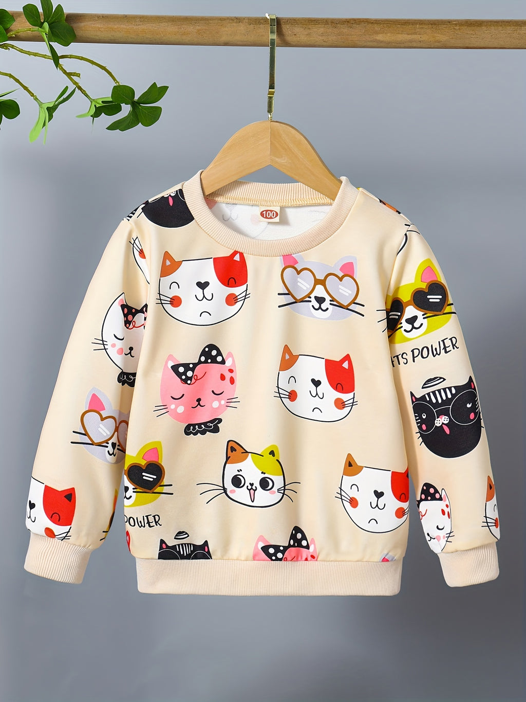 Girls' Cute Cat Print Sweatshirt - Pastel Pink with & Cat Design, Soft Round Neck Long Sleeve Top for Everyday & Special Occasions