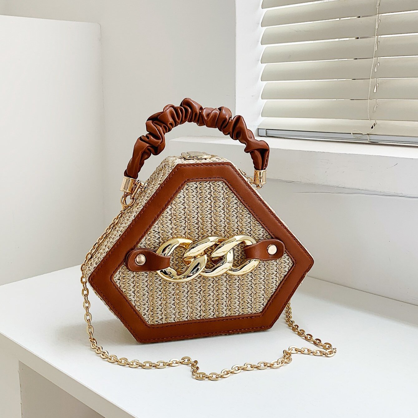 Trendy Chain Handbag, Fashion Top Handle Straw Box Bag, Women's Vacation Style Purse