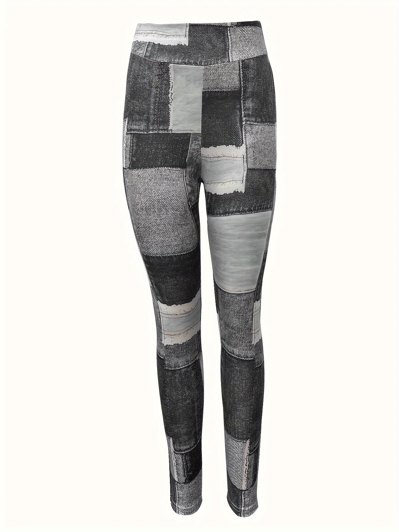 Yoga Fitness Leggings, Plaid Panel Denim Print High Waist Sports Pants, Women's Activewear