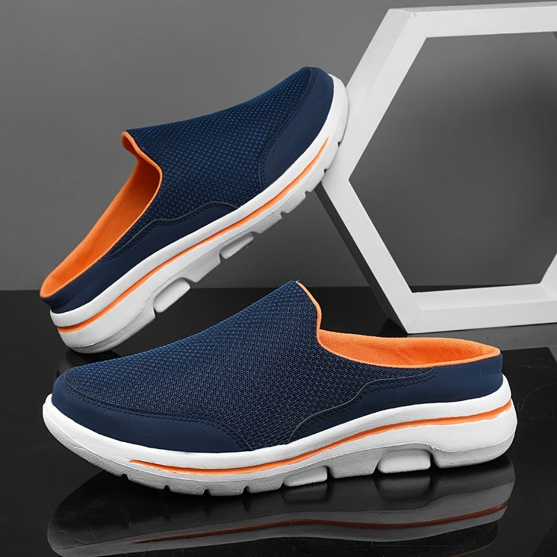 Men's Big & Tall Lightweight Slip-On Casual Sneakers - Breathable Mesh & Fabric Upper, MD Cushioned Sole, Navy Blue/Orange Accents - All-Season Comfort for Sports & Casual Attire