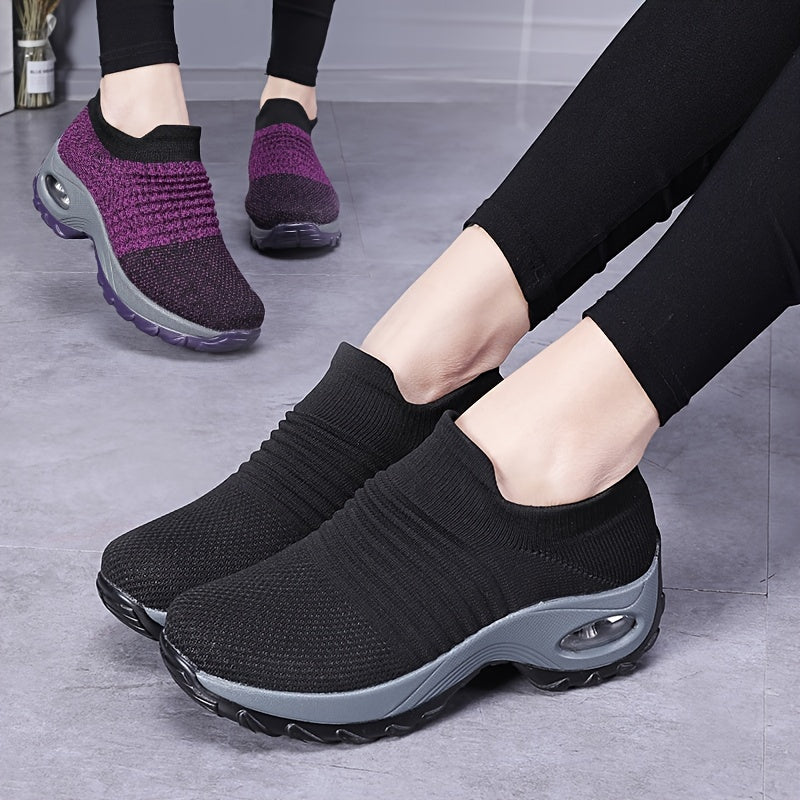 Women'S Air Cushion Sole Sneakers, Lightweight Knit Slip on Shoes, Breathable Running Shoes