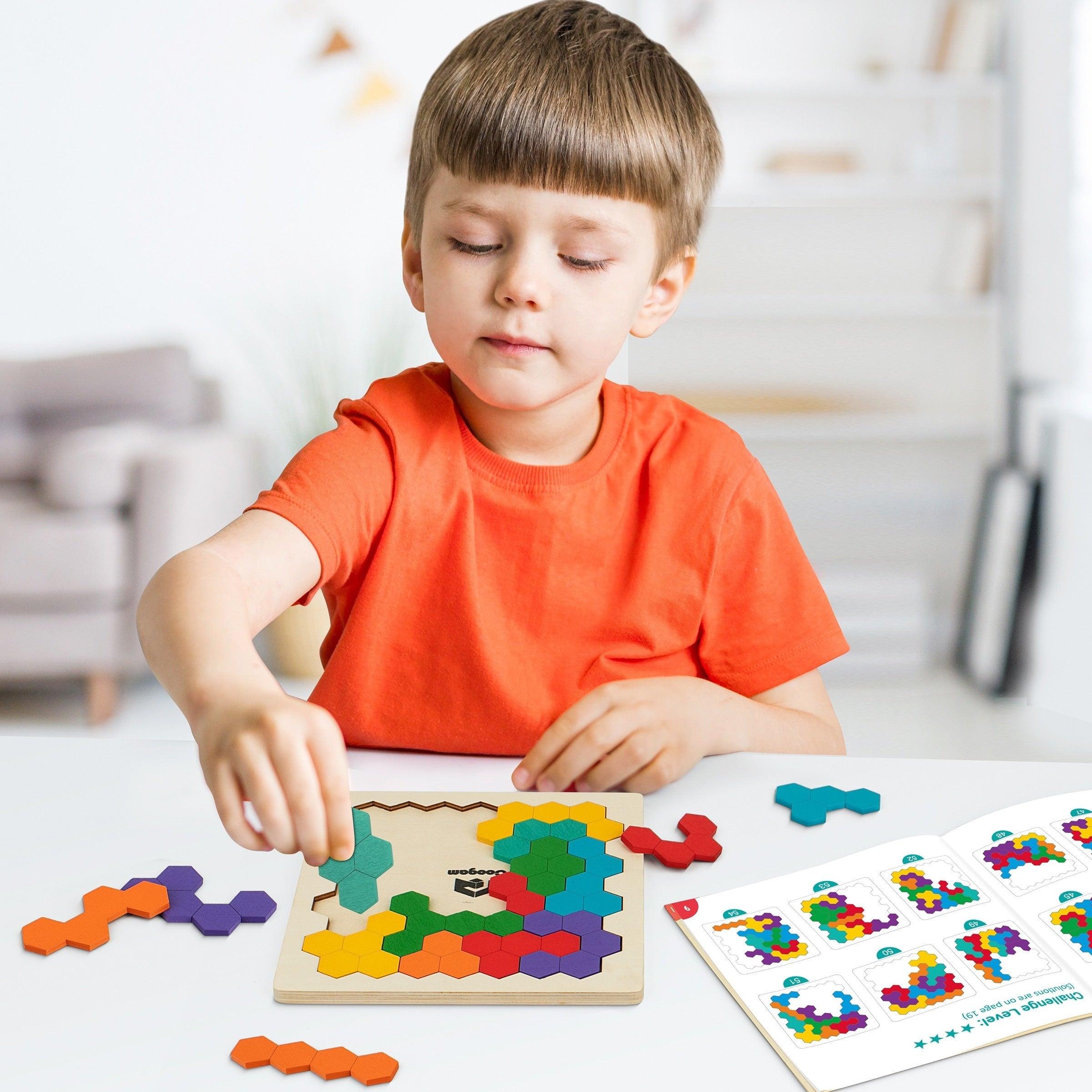 Coogam Wooden Tangram Puzzle, Color Shape Pattern Jigsaw Brain Teasers 3D Logic IQ Game Geometric Blocks STEM Educational Toys Gift For All Age