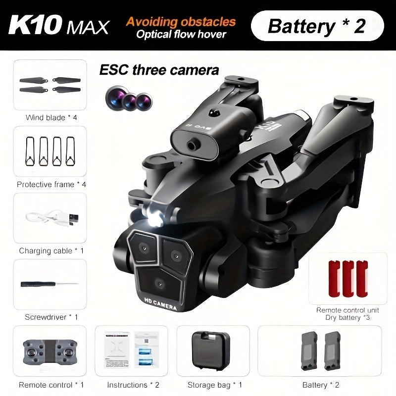 2.4Ghz Wifi FPV K10 MAX Triple-Camera RC Drone - 360° Obstacle Avoidance, Optical Flow Positioning, Headless Mode, One-key Take Off/Landing, Foldable Quadcopter Toys Drone with SD Three ESC Camera