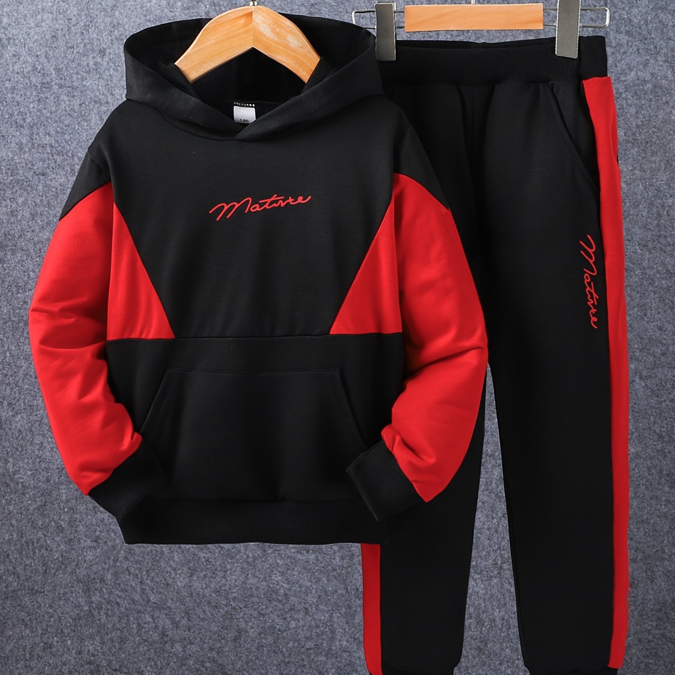 European and American Boys' Long Pants Set with Color Block Hooded Splicing, Spring/Autumn Sports Suit for Middle to Large Youngsters, Perfect for Outdoor, for Teenager