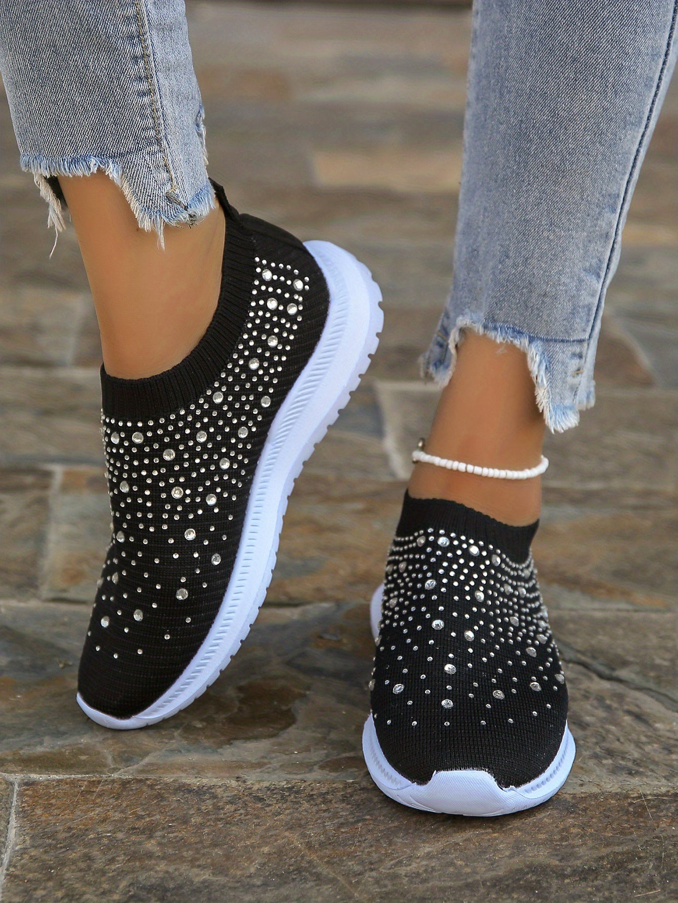 Women's Rhinestone Decor Slip-on Sneakers, Fly Woven Sports Shoes, Breathable Low Top Walking Shoes For Music Festival