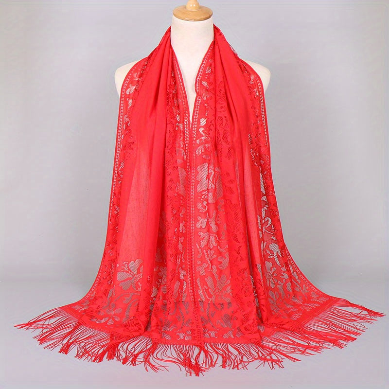 Ladies Women's Floral Lace Scarf Shawl With Tassels, Soft Mesh Fringe Wraps Bridal Shawl For Wedding Evening Party Dresses