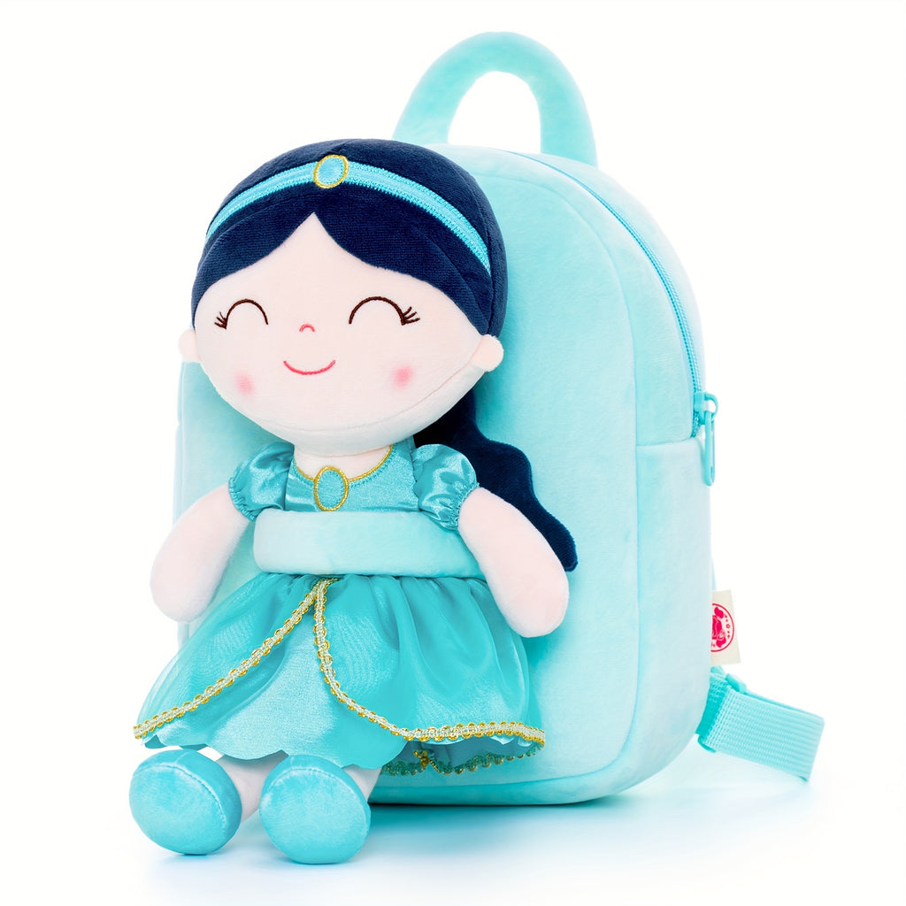 Gloveleya Toddler Backpack for Girls Kids Backpacks Soft Girl Toys Plush Baby Girl Gifts with Plush Princess Jasmins Doll Aqua 9 inches