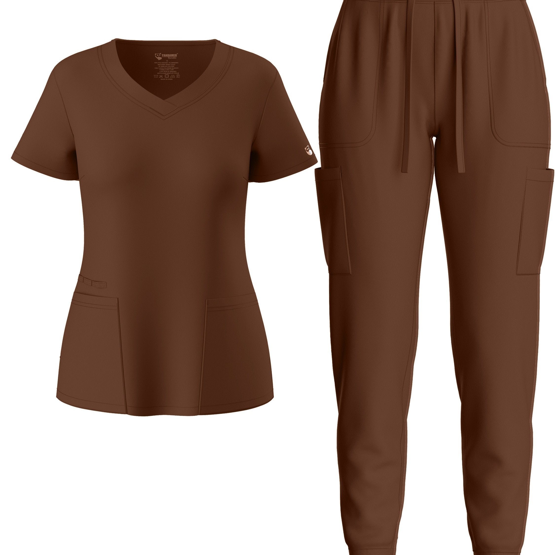 two-piece Elegant Two-Piece Scrub Set for Women: Short Sleeve V Neck Top & Drawstring Pants